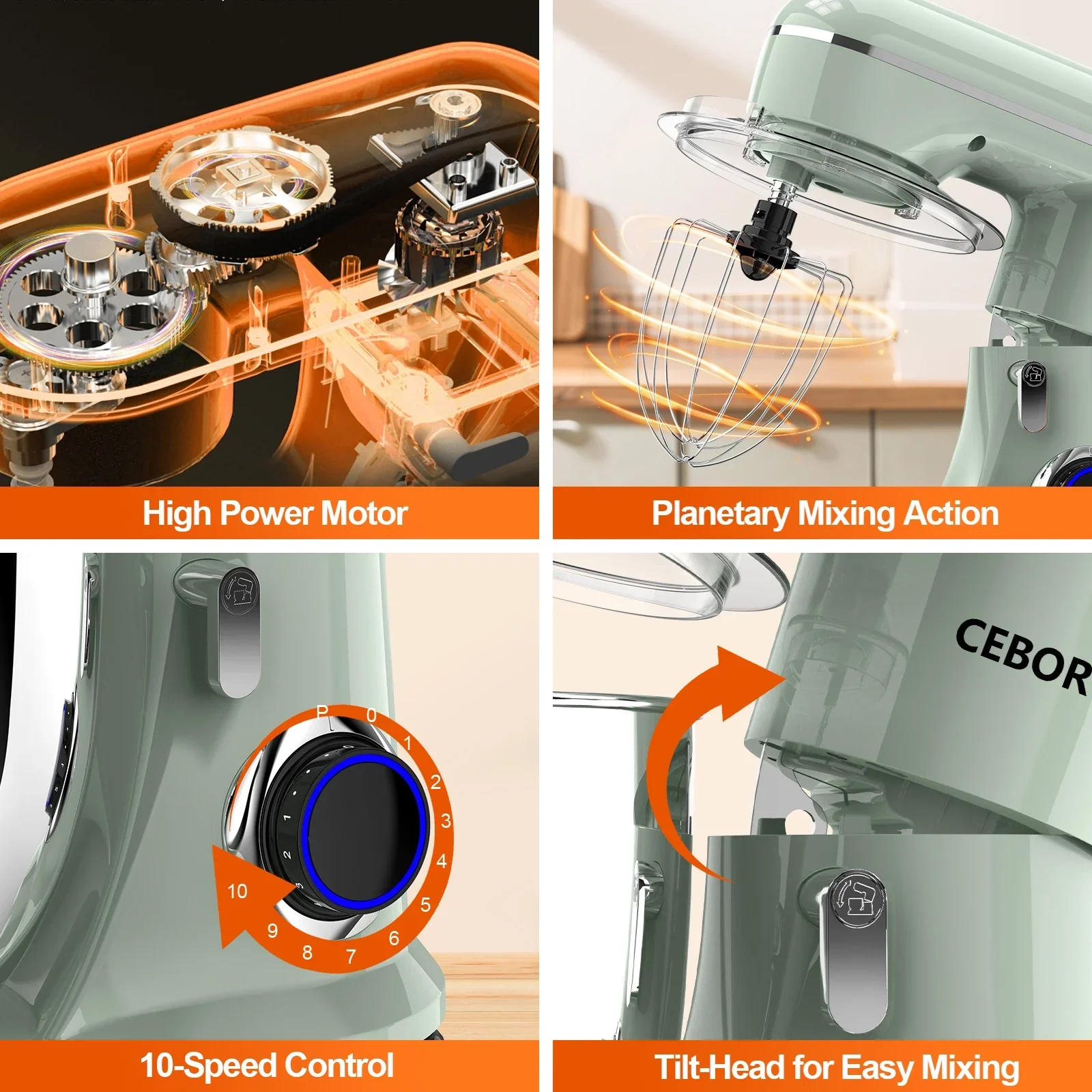 CEBORY SM-1533 3-IN-1 Stand Mixer 6.5 QT Tilt-Head 10-Speed Kitchen Electric Mixer with Dough Hook, Beater, Whisk - Image 2
