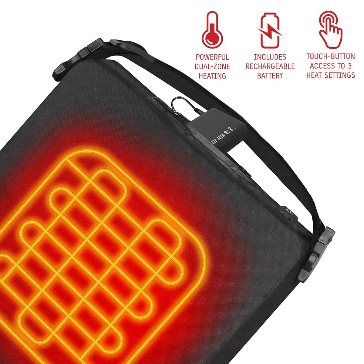 Chaheati 7V Rechargeable Battery Heated Seat Cushion with Touch-Button Control, Black, Adjustable Shoulder Strap, CHA-SC-7V-BK - Image 5