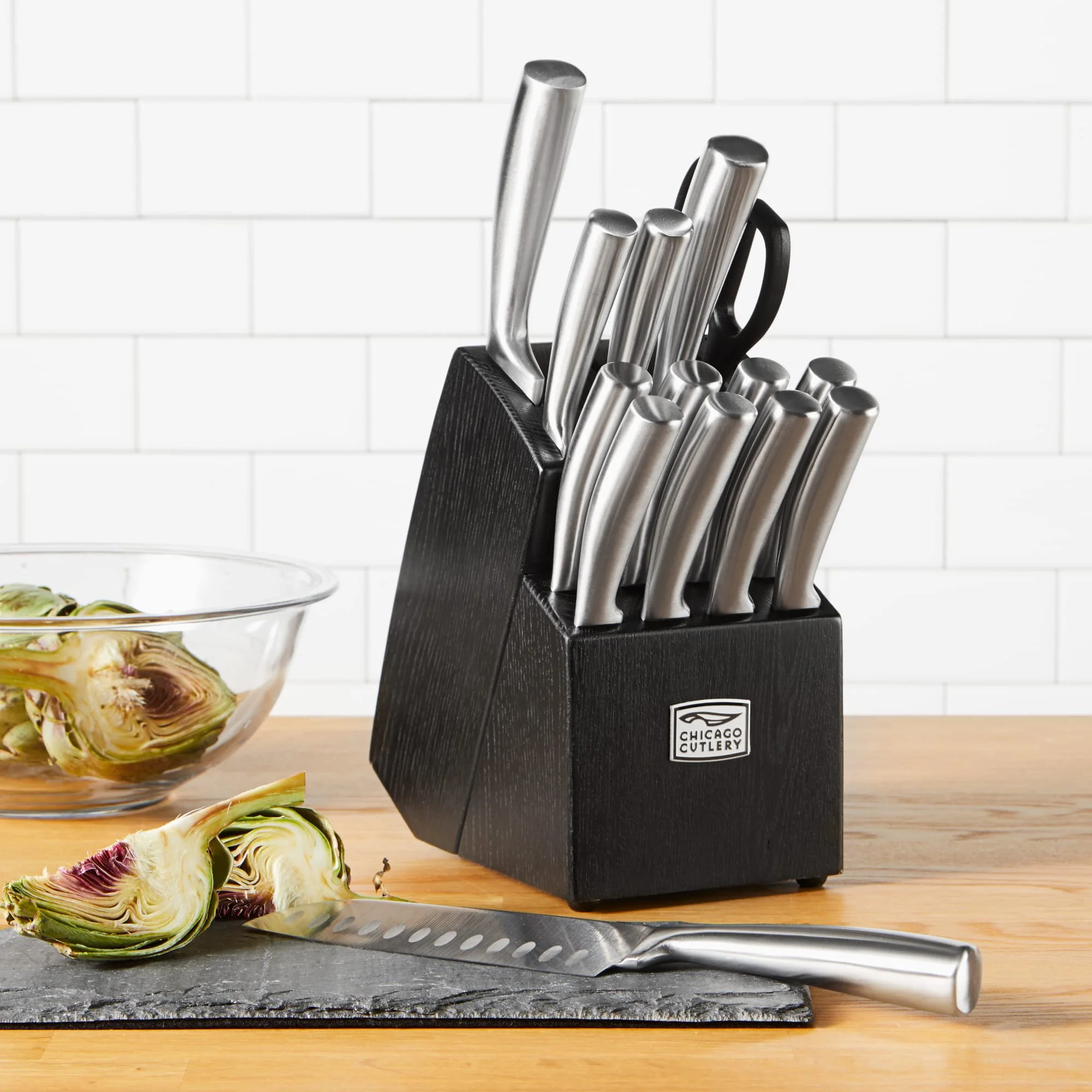 Chicago Cutlery Malden 16-Piece Kitchen Knife Block Set, High-Carbon Stainless Steel Blades, Ebony Wood Block with Built-In Sharpener, Black - Image 4