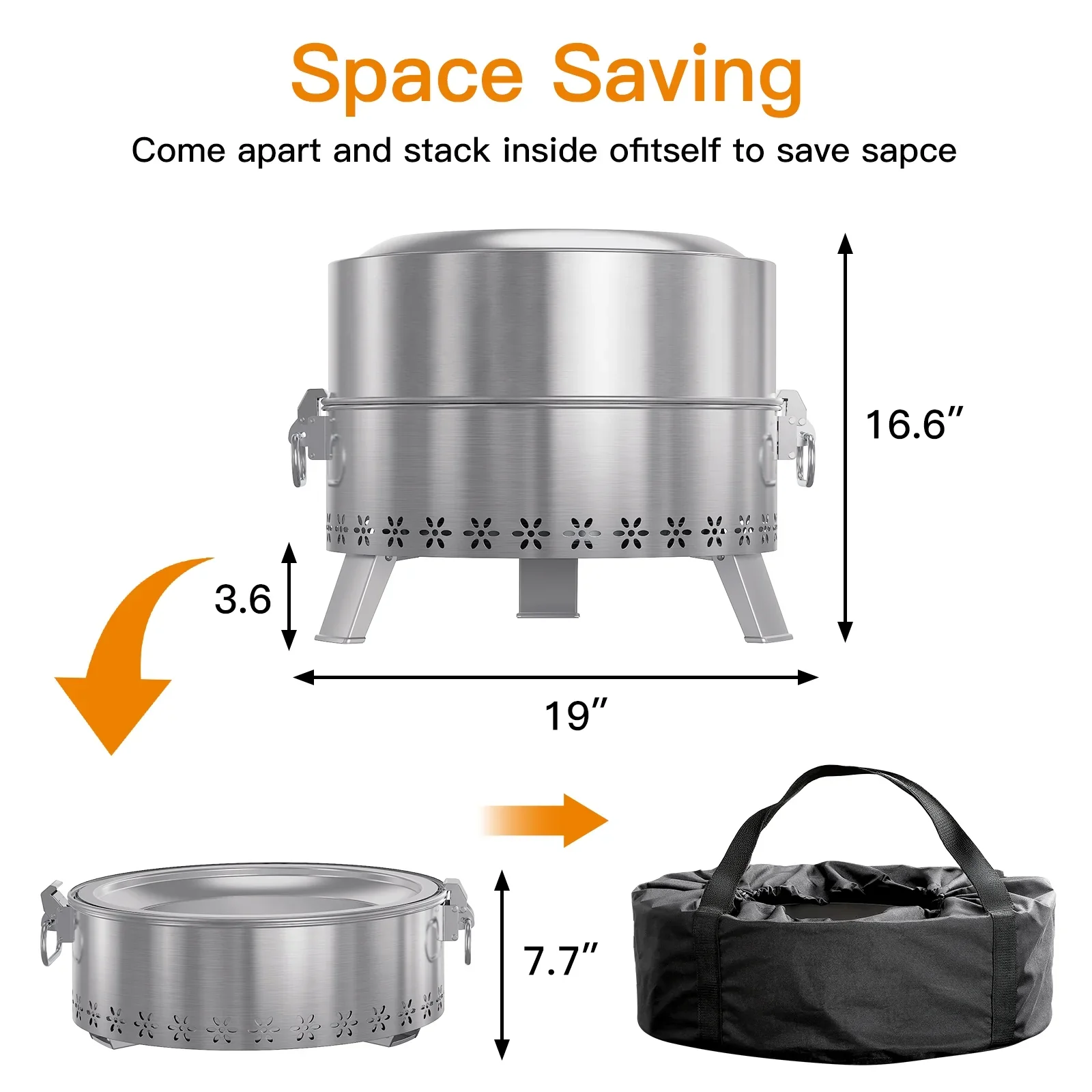 CHITOOMA 19 Inch Smokeless Fire Pit for Outside, Stainless Steel Wood with Foldable Legs, Grill, Poker, Carry Bag - Image 2
