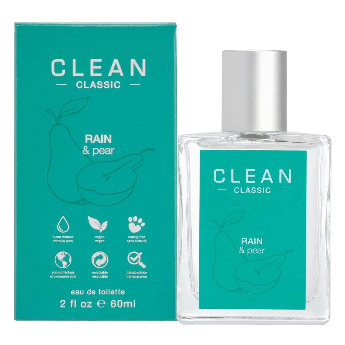 Clean Rain & Pear Eau de Toilette Spray, Refreshing Pear and Rain Scent, 2.0 oz, Turquoise