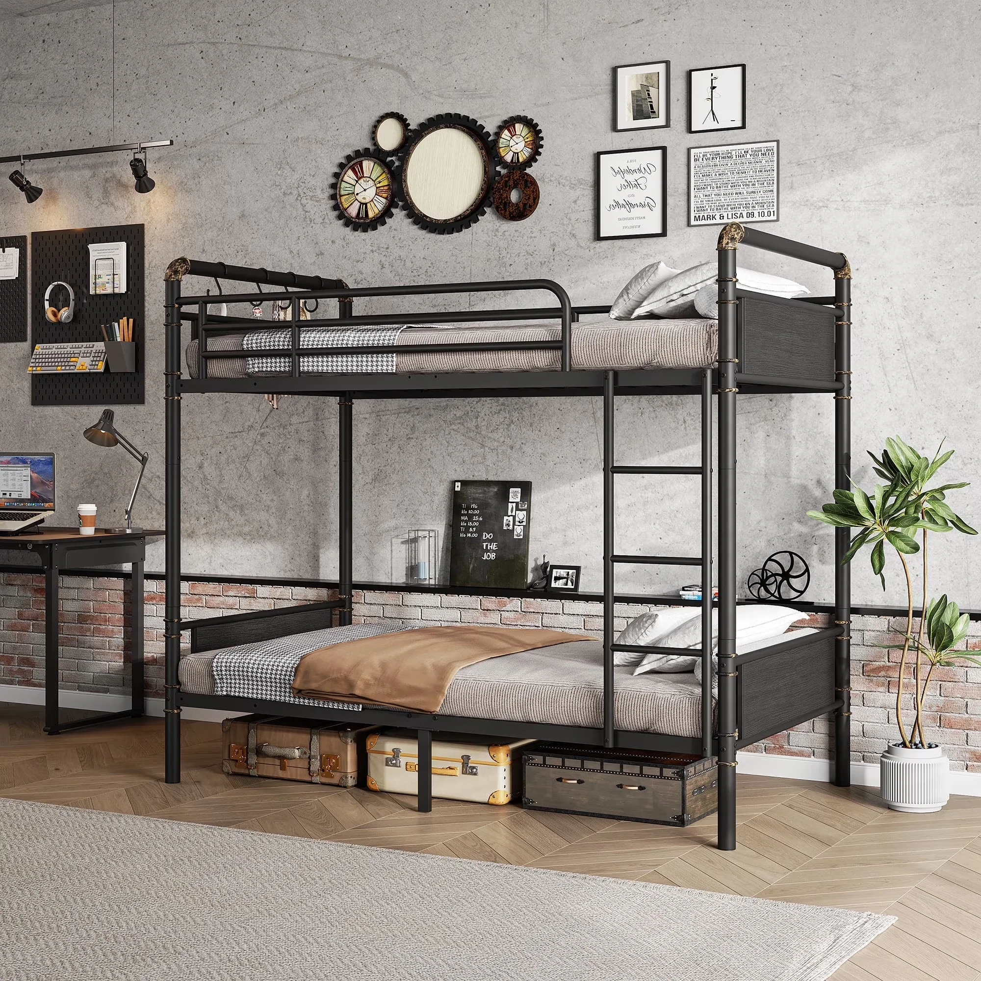 Cocosity SY10-24-CD001-BG-0002-N1 Metal Twin over Twin Bunk Bed with Storage Bag 2 Convertible Twin Beds, Black - Image 2