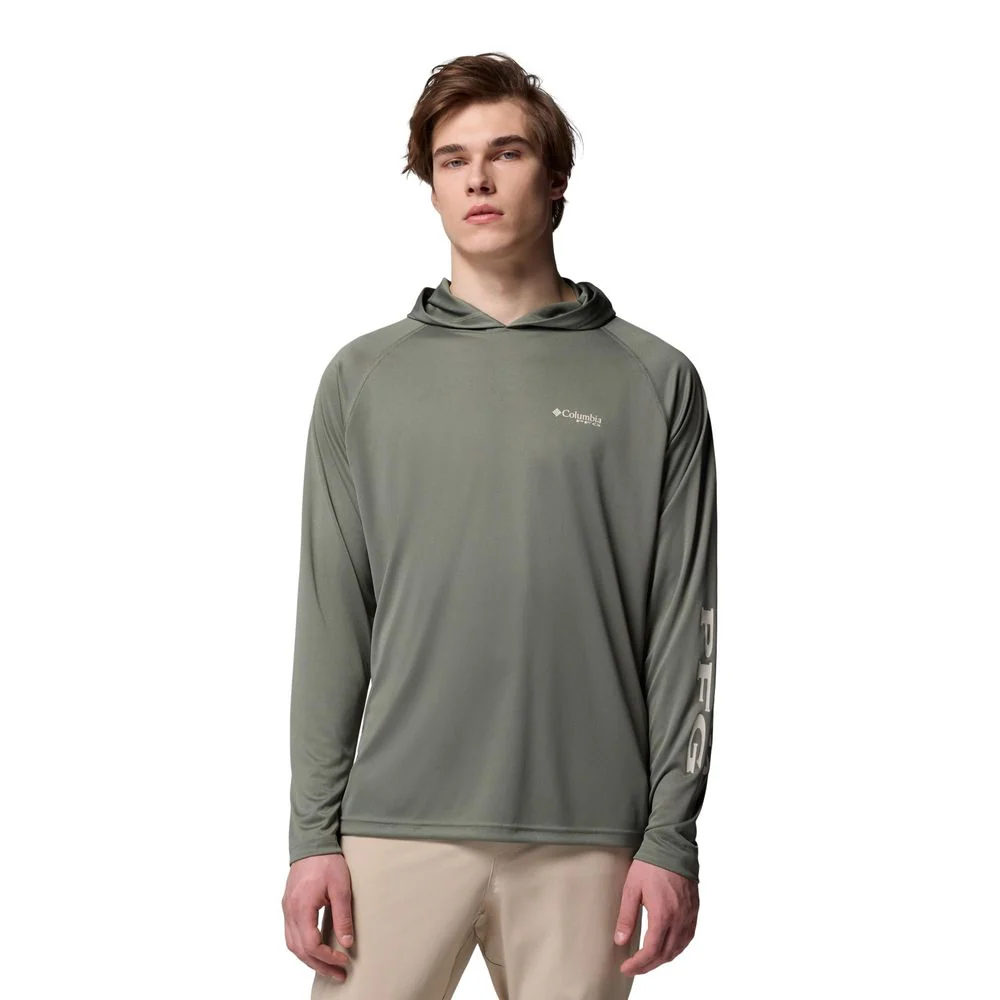 Columbia Men's PFG Terminal Tackle Hoodie, UPF 50 Sun Protection, Omni-Wick Moisture Management, Cypress/Dark Stone Logo, Medium, 153617