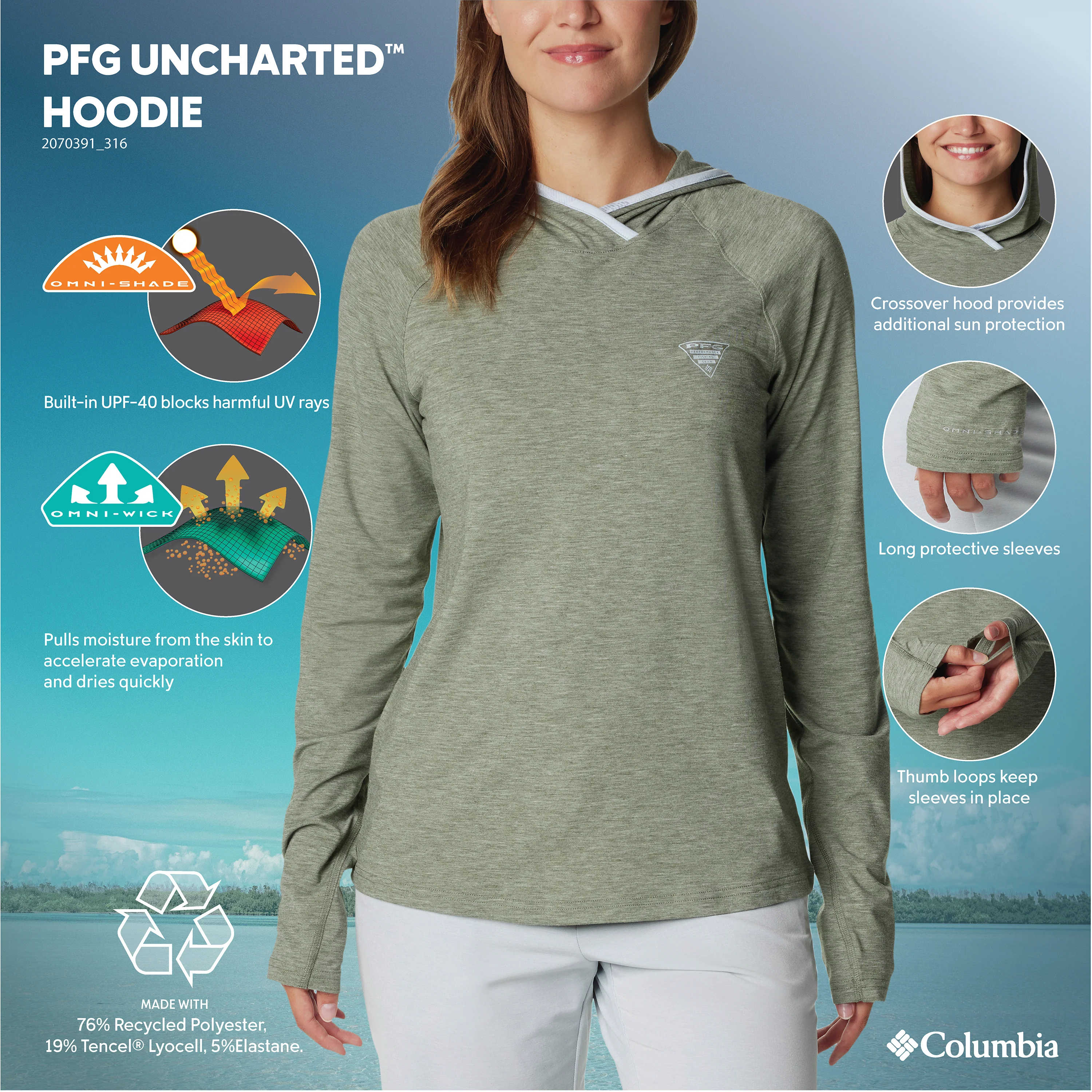 Columbia PFG Uncharted Long-Sleeve Hoodie for Ladies - Cypress Heather - XS - Image 8