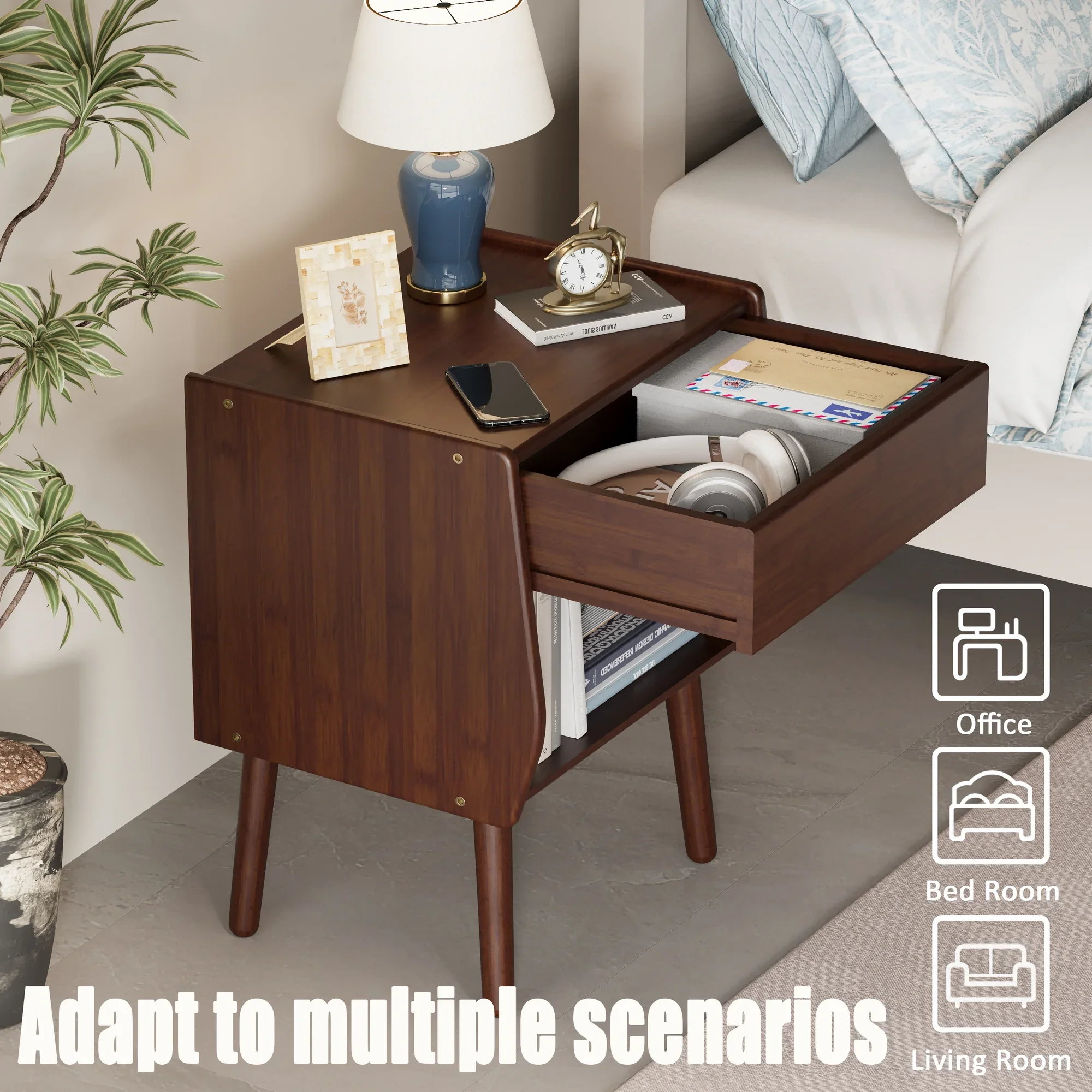 COMASACH Wooden Nightstand, Modern Farmhouse Bedside Table, Brown, Drawer and Open Storage - Image 2