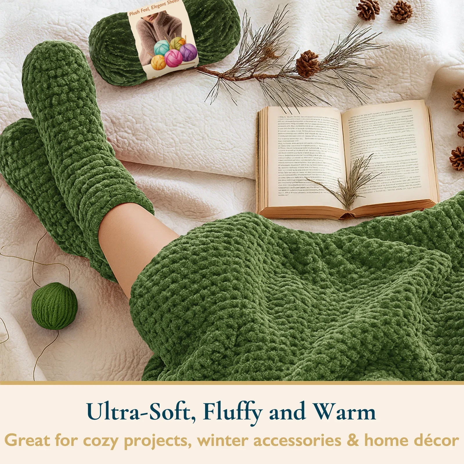 ComfiTime 3 Pack Velvet Yarn: Bulky 5, OEKO-TEX Certified, Soft and Fluffy for Sweaters, Blankets, Scarves, Stuffed Animals and Home Decor, Crochet/Knitting/Amigurumi, 87.5 Yards/Skein, Machine Washable, Green - Image 3