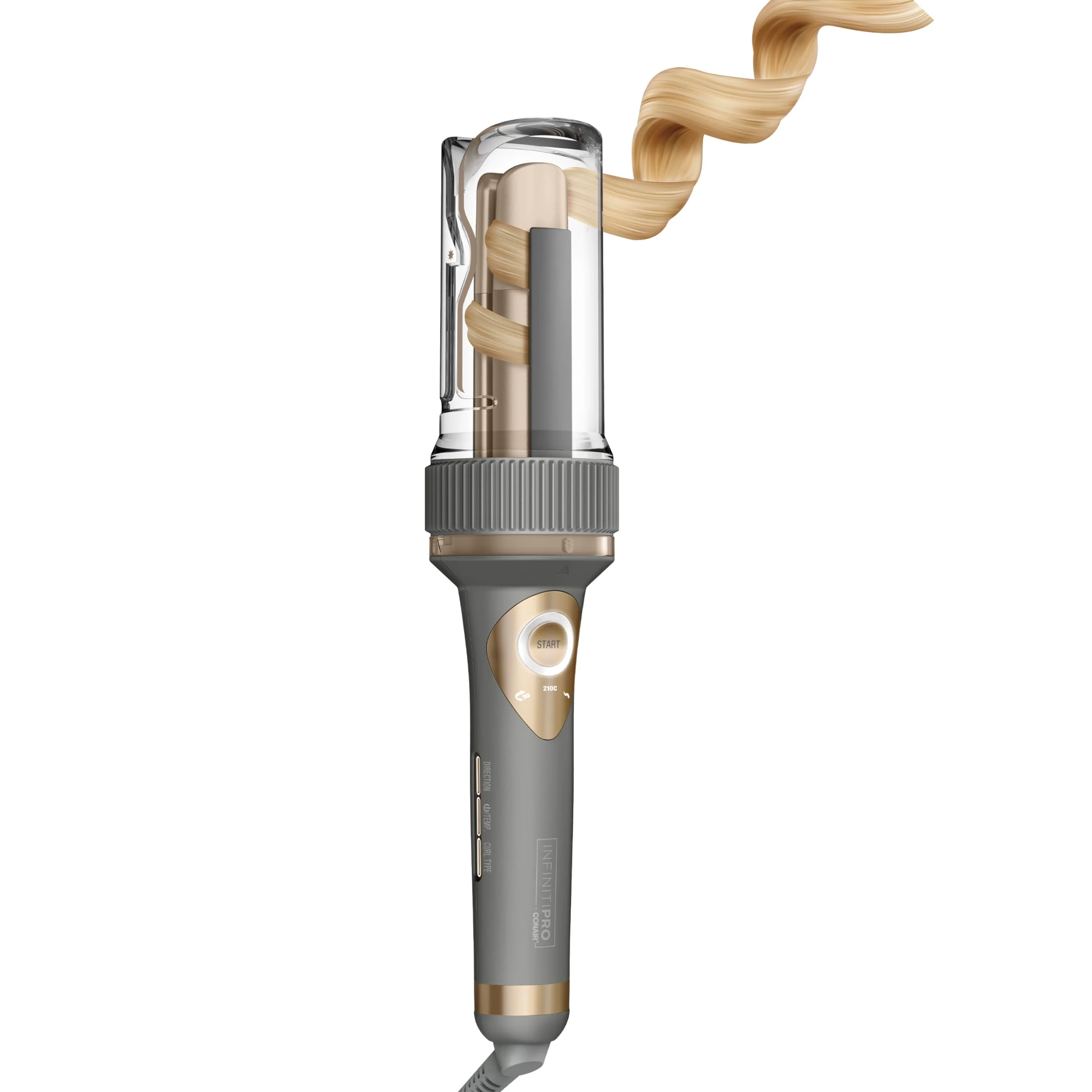 Conair InfinitiPRO Curl Secret Automatic Curling Iron, 1.25-Inch Ceramic Tourmaline Barrel, 5 Heat Settings, Tangle-Free Design, Gray/Gold