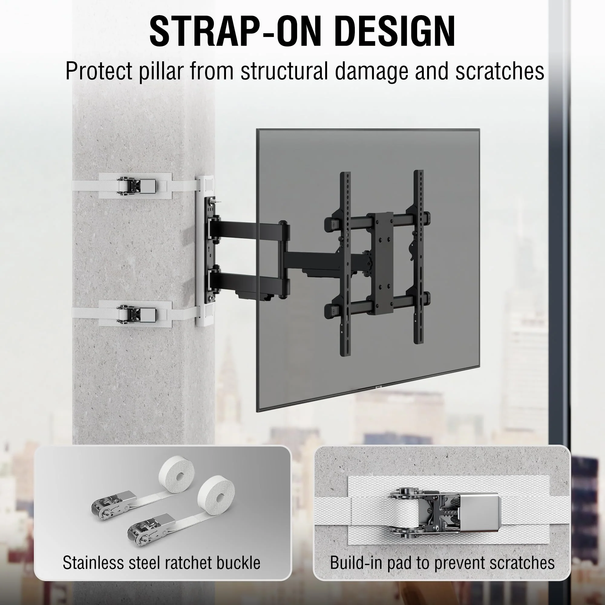 CondoMounts Full Motion Small Pillar TV Mount, No-Drill Strap-On for 32-70 Inch TVs, Holds 80 lbs, Fits 4-12 Inch Round & Square Posts, Silver, CLMTVA1144 - Image 4