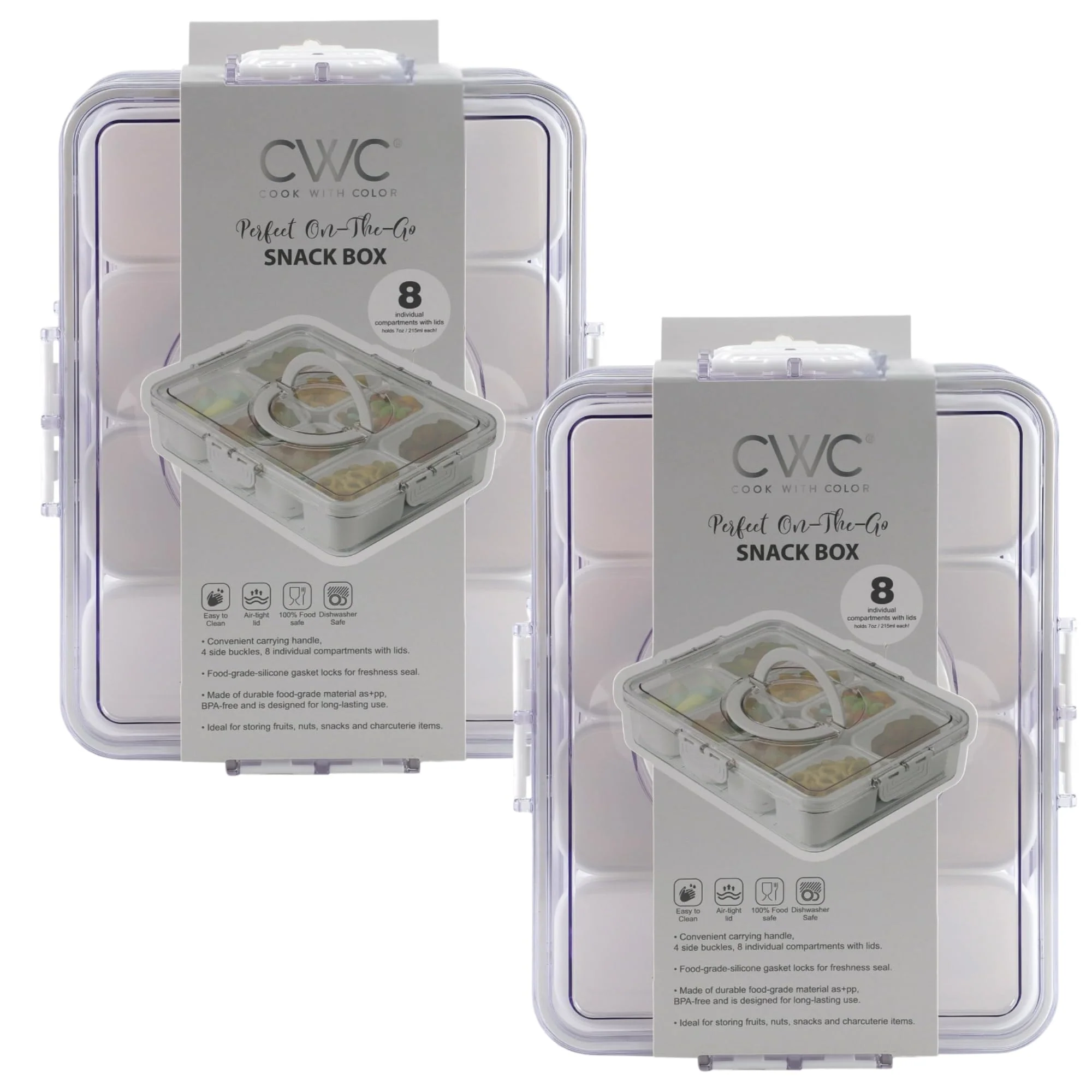 Cook With Color Snackle Box 2-Pack, 8-Compartment Snack Container with Lids, Carrying Handle, BPA-Free, Dishwasher Safe, Pink