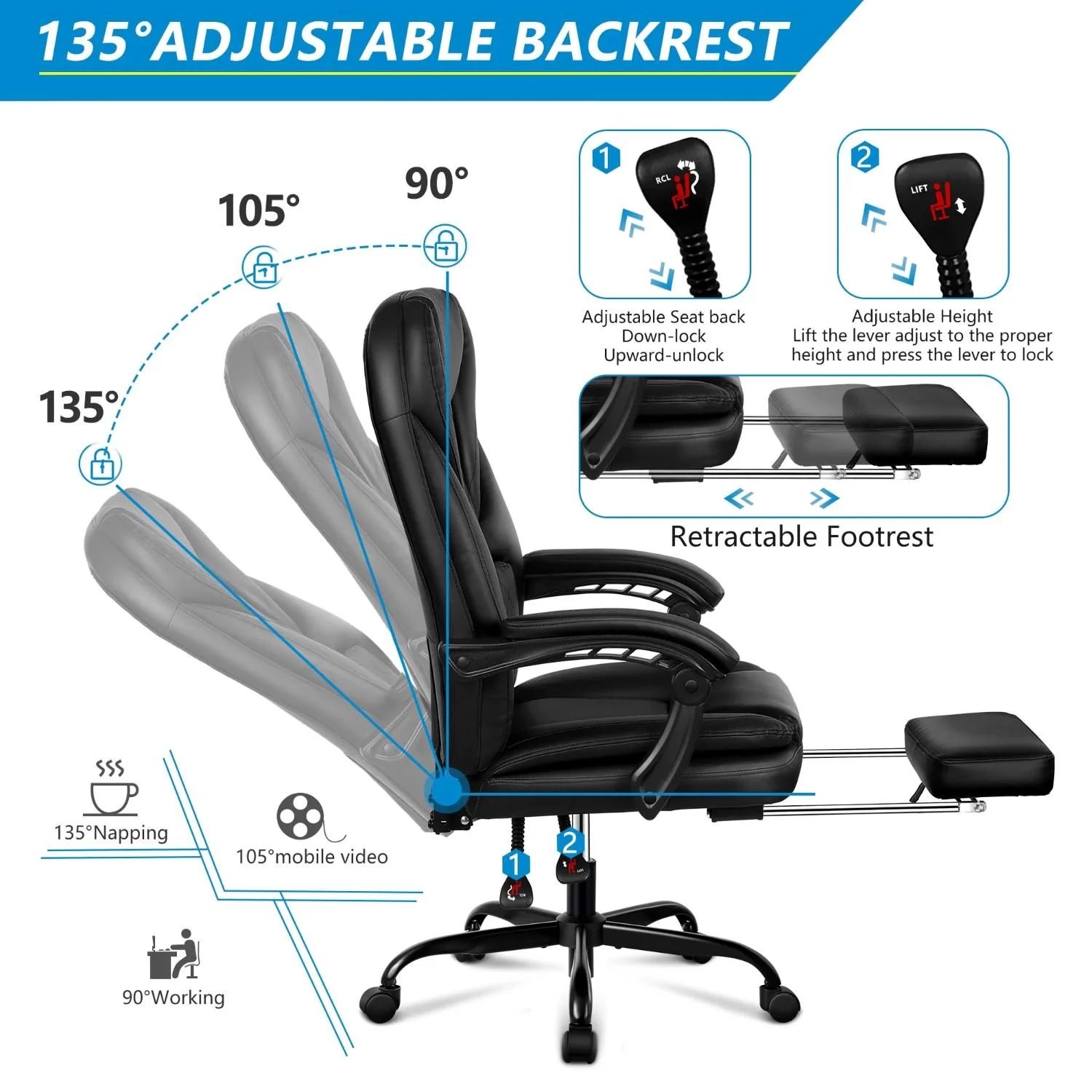Coolhut 300PY-Black Executive Office Leather Chair with Foot Rest Black - Image 6