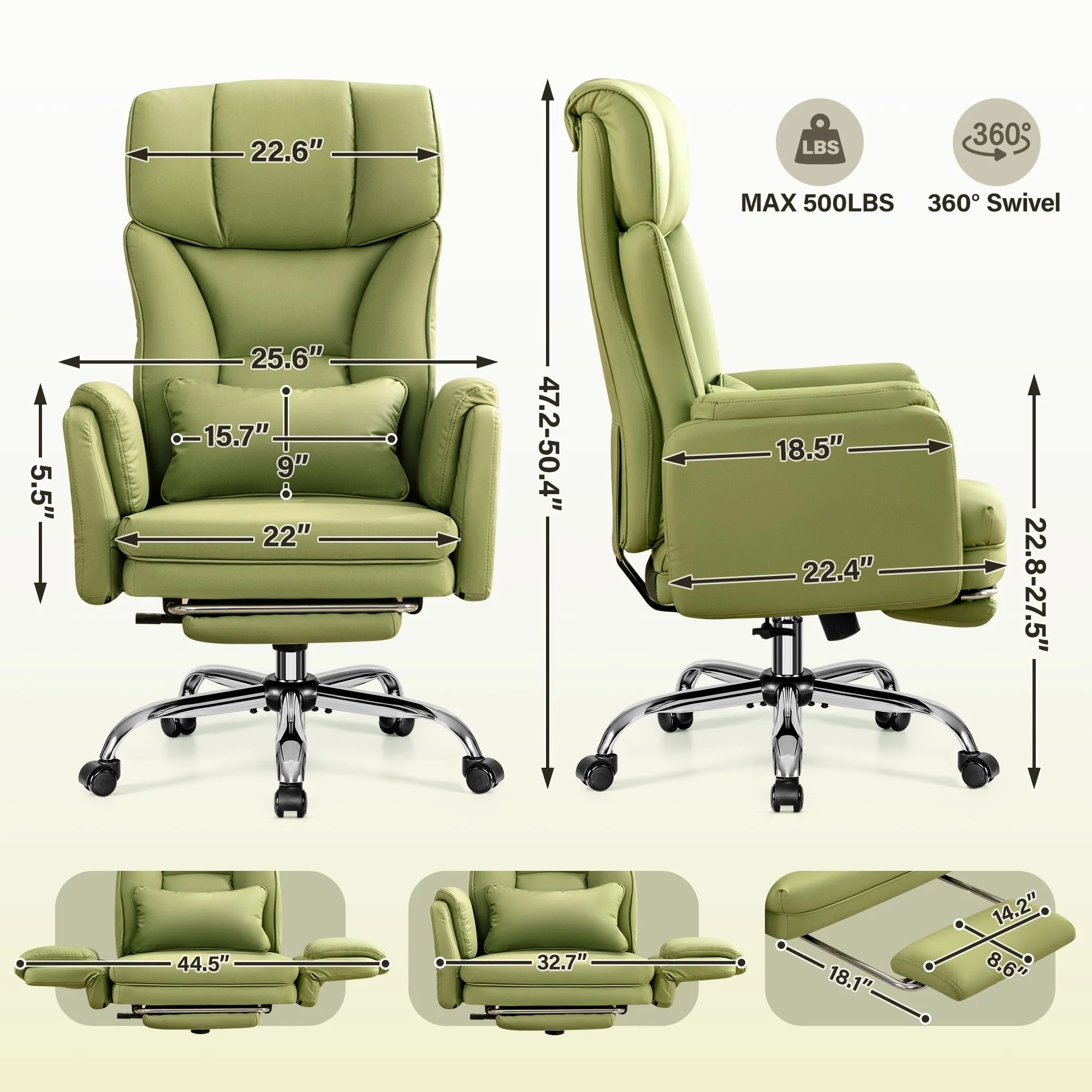 COOLHUT Big and Tall Office Chair, High Back Executive PU Leather Desk Chair with Footrest, Avocado Green - Image 3