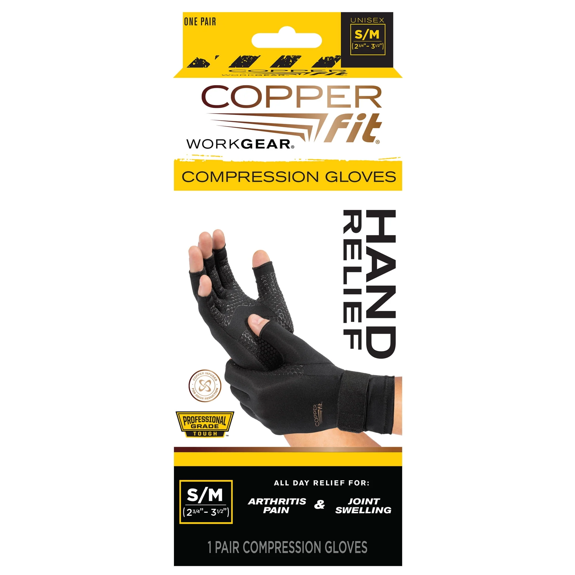 Copper Fit Work Work Gear Compression Gloves S/M Black Moderate Compression, Open Finger Design