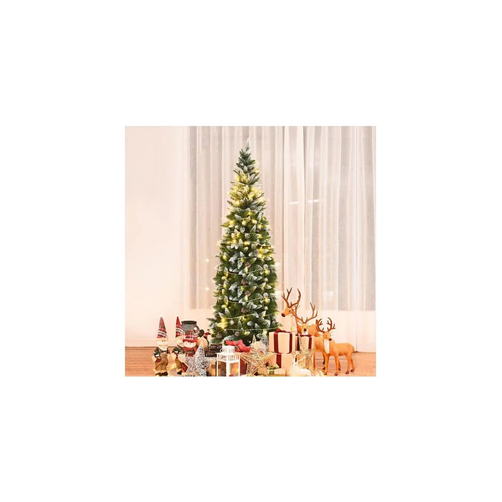 Costway CM22053 7.5 ft. Unlit Snow Flocked Artificial Pencil Christmas Tree Hinged with Pine Cones - Image 2