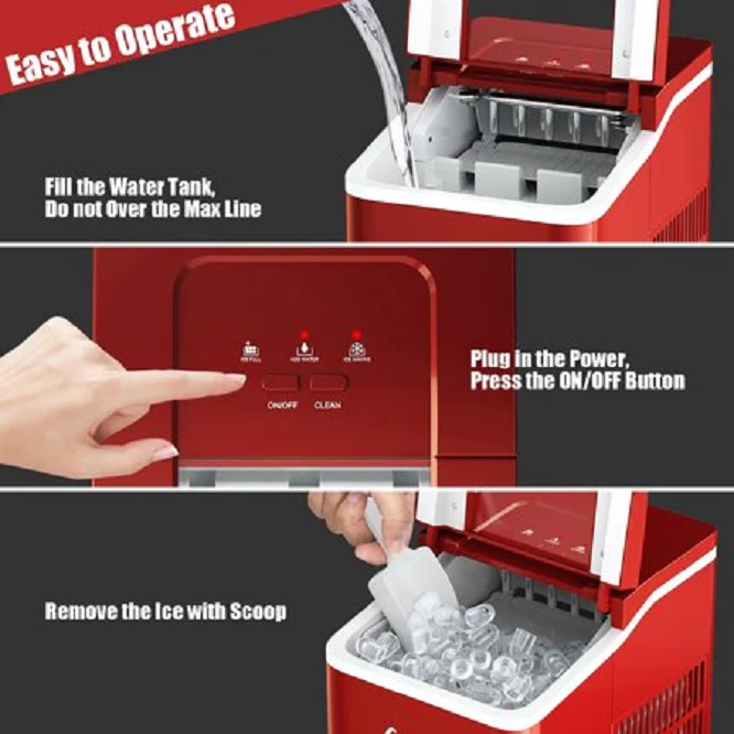 Costway EP24744US-RE Portable Ice Maker Machine Countertop 26Lbs/24H Self-cleaning with Scoop Red, Red - Image 2