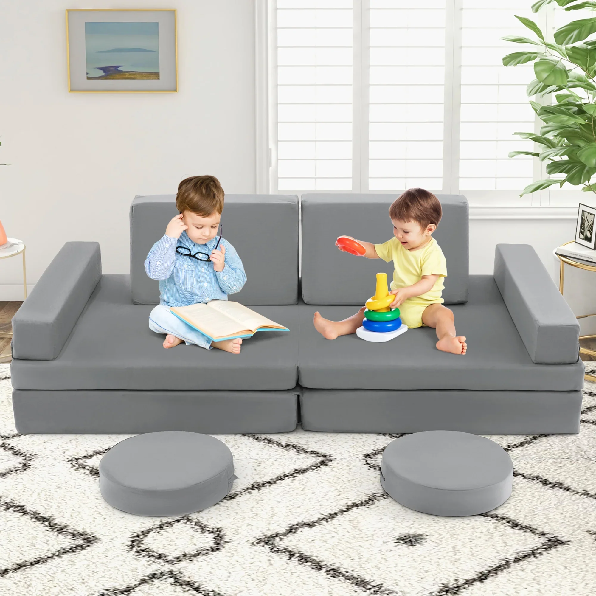 Costway HV10406HS 10PCS Kids Play Sofa Set Modular Convertible Foam Folding Couch Toddler Playset, Grey - Image 2