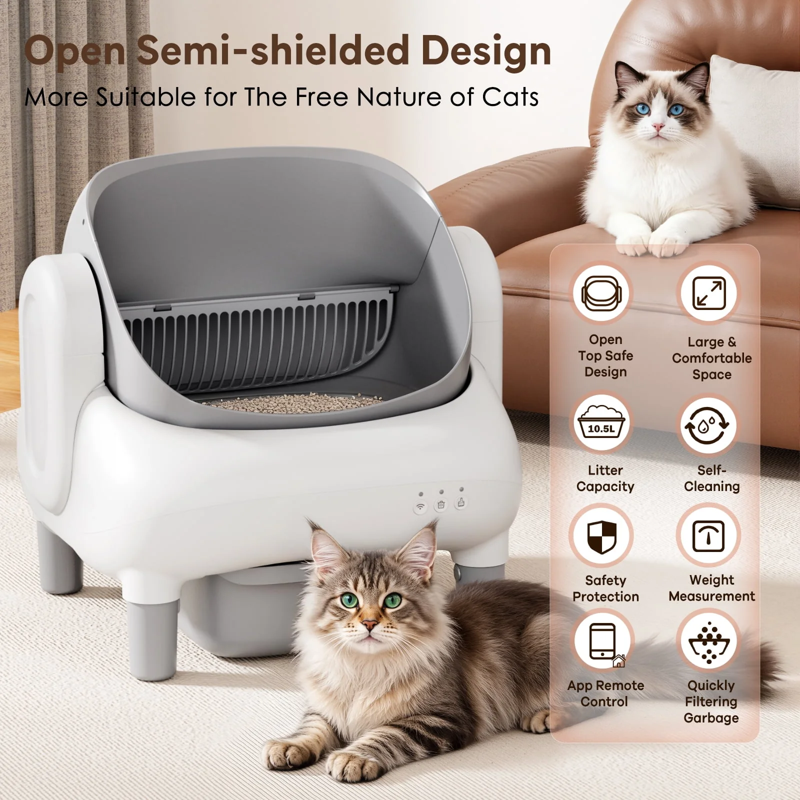 Cumrige Self Cleaning Cat Litter Box, Open Top, App Controlled, Advanced Safety Sensors, Large 10.5L Sealed Waste Bin - Image 6