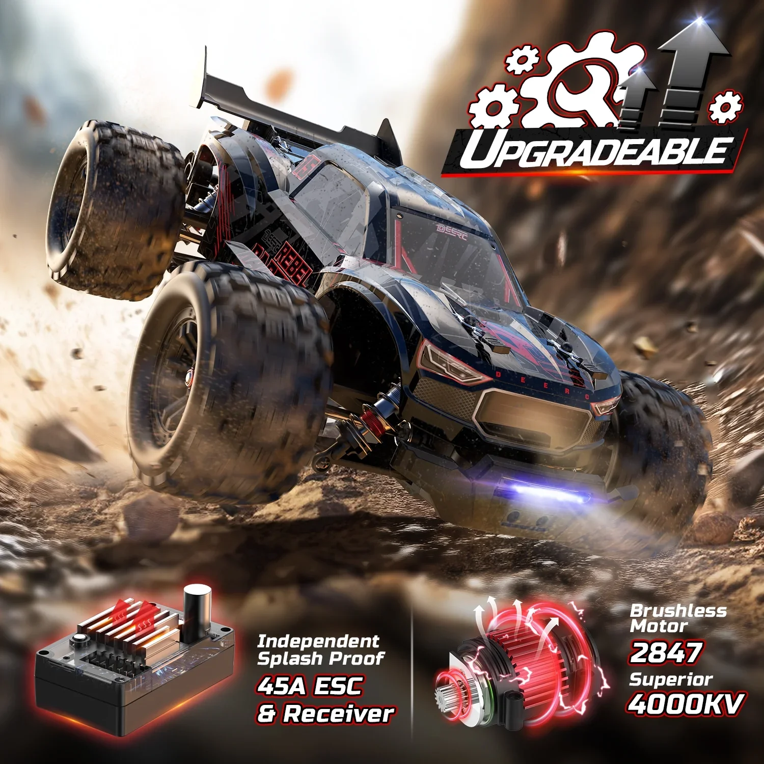 DEERC 1:14 Fast Brushless Remote Control Car, 46+ MPH, Dual 3S LiPo Batteries, 4WD Off-Road Truck, Waterproof, 7 Lighting Modes, Black - Image 2