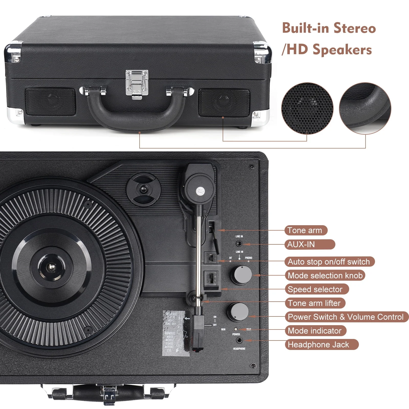 DIGITNOW Bluetooth Record Player Turntable with 3-Speed Belt Drive, Built-in Stereo Speakers, Portable Leather Suitcase Design, Black, 422 - Image 4
