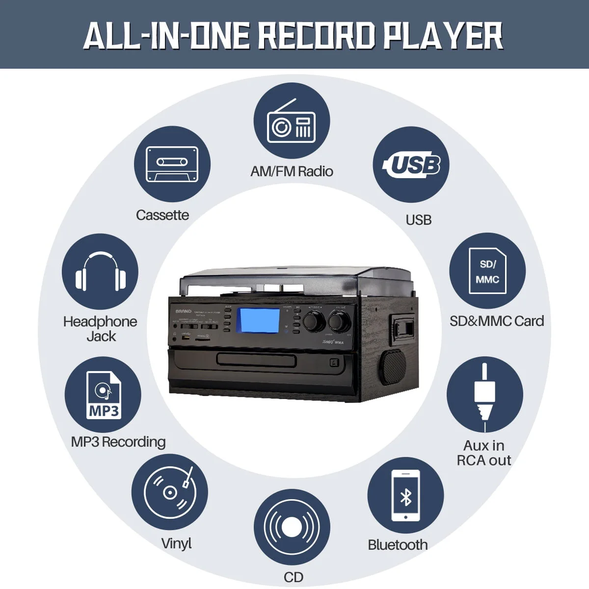 Direct Power Plus EZ-50SD-TT-19-K 10-in-1 Bluetooth Record Player Turntable for Vinyl Records CD Cassette USB/SD Convert - Image 2