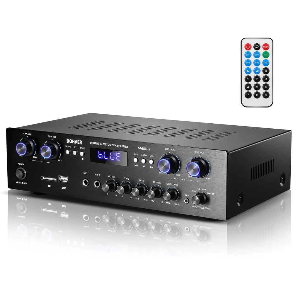 Donner EC6507 Bluetooth 5.0 Stereo Audio Amplifier Receiver, 4 Channel, 440W Peak Power Home Theater Stereo Receiver USB, SD,FM, 2 Mic in Echo, RCA, LED, Speaker Selector for Studio, Home-MAMP5 - Image 2