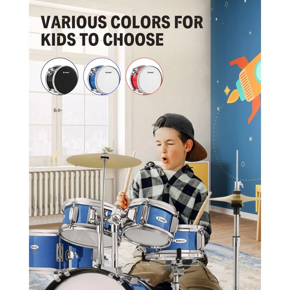 Donner Kids Size Drums Sets 14" 5-Piece Complete Drum Kit for Child Beginners, Metallic Blue - Percussion Musical Toy - Image 2