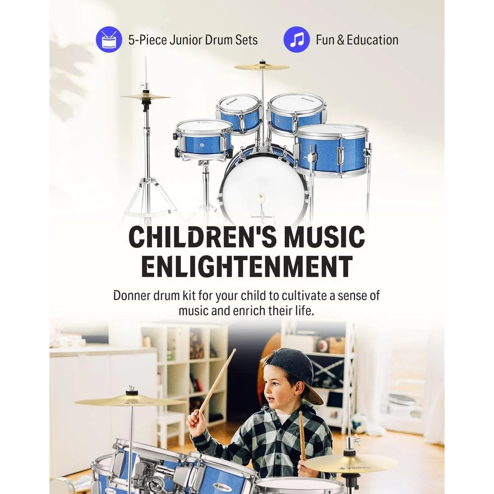 Donner Kids Size Drums Sets 14" 5-Piece Complete Drum Kit for Child Beginners, Metallic Blue - Percussion Musical Toy - Image 3