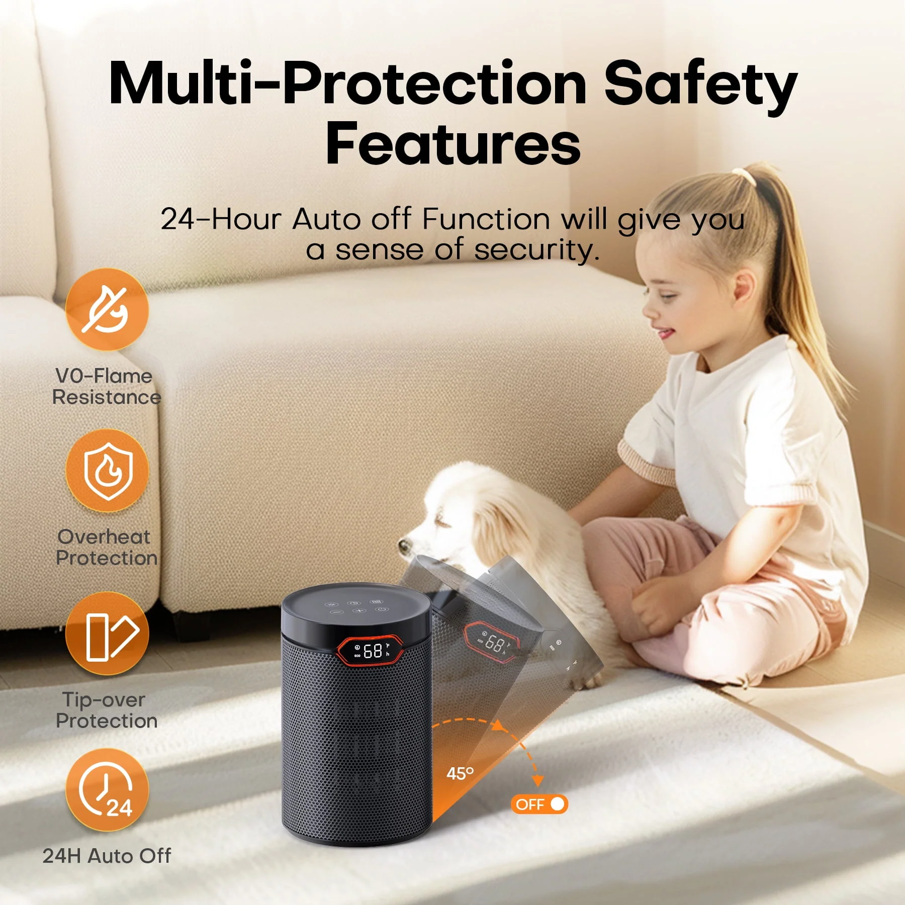 Douhe ALROCKET Space Heater, 1500W Portable Electric Heater with ECO Thermostat, PTC Ceramic Heating, Timer, Safety Shutoff, Black - Image 3