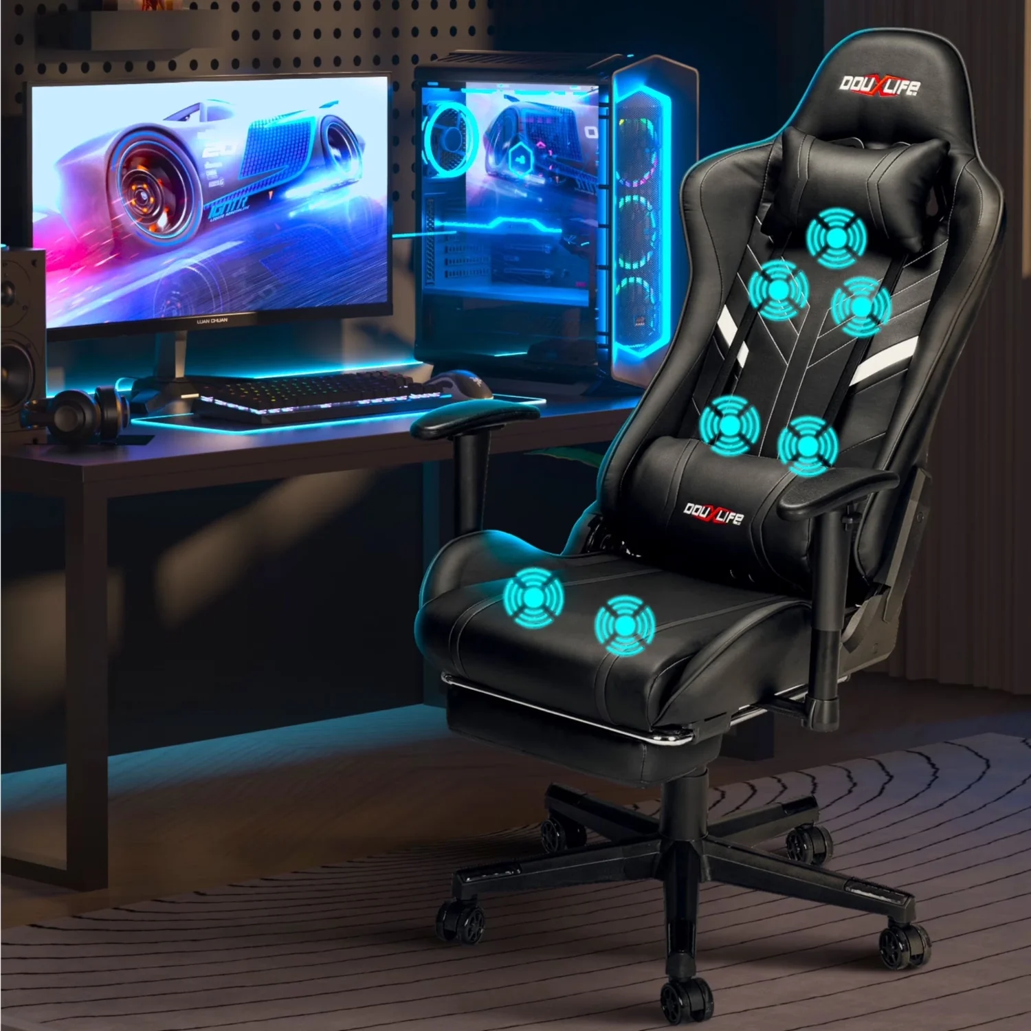 Douxlife GC-RC03 Professional Full Body Massage Gaming Chair with Footrest, Black