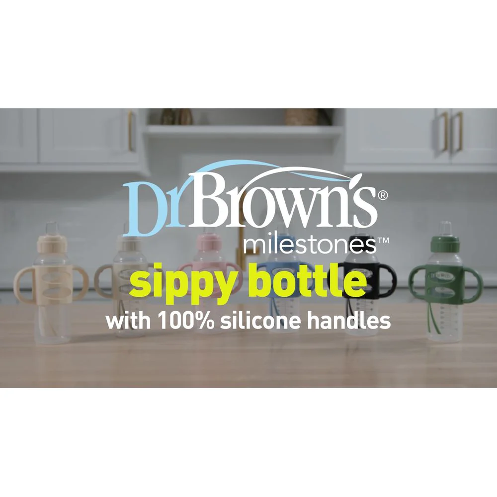 Dr. Brown's Milestones Narrow Sippy Spout Baby Bottle with 100% Silicone Handles, Soft Spout, 8oz, 2 Pack, Black & Ecru, BPA Free, 6m+ - Image 2