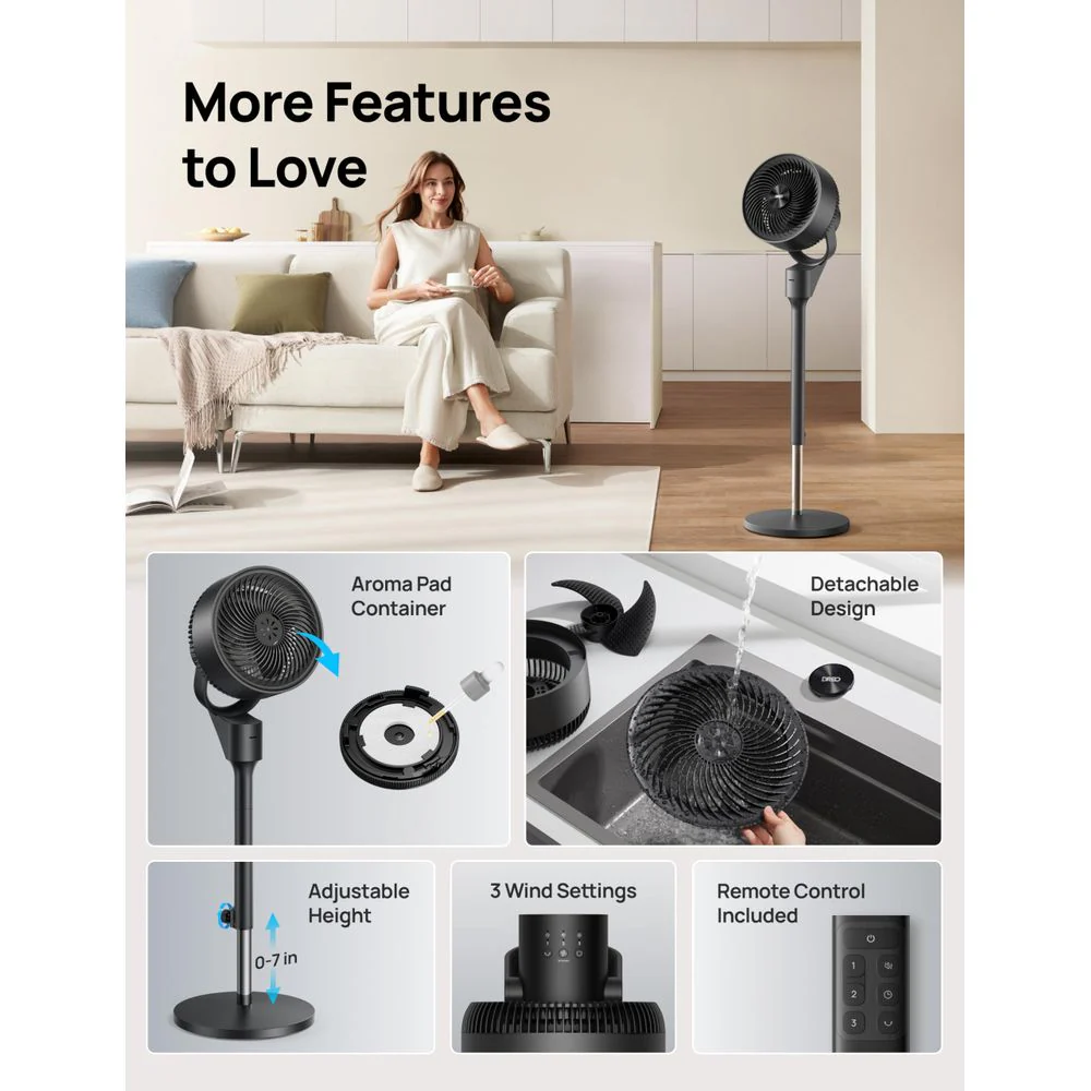 Dreo Poly Fan 306 Pedestal Fan, Ultra-Quiet 25dB, 80 Oscillation, 90 Vertical Tilt, 34-41 in Adjustable Height, 3 Speeds with Auto Mode, Remote Control, Black - Image 3