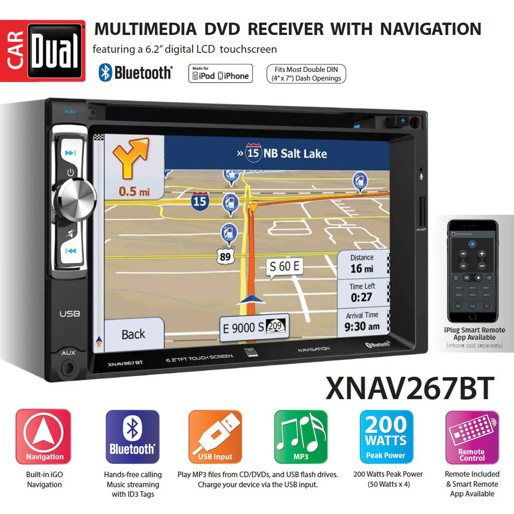 Dual XNAV267BT 6.2" LED Backlit Car Stereo with Built-In Navigation