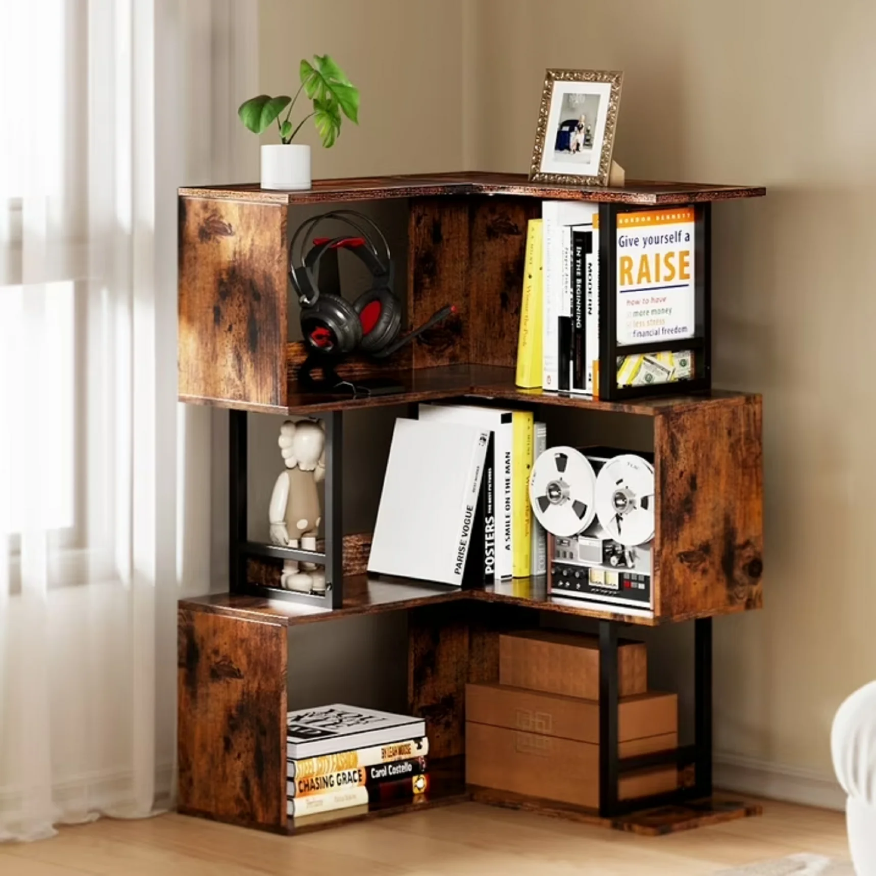 Easoger Corner Bookshelf, Wooden Corner Shelves Categorized Storage Convenient - Image 3