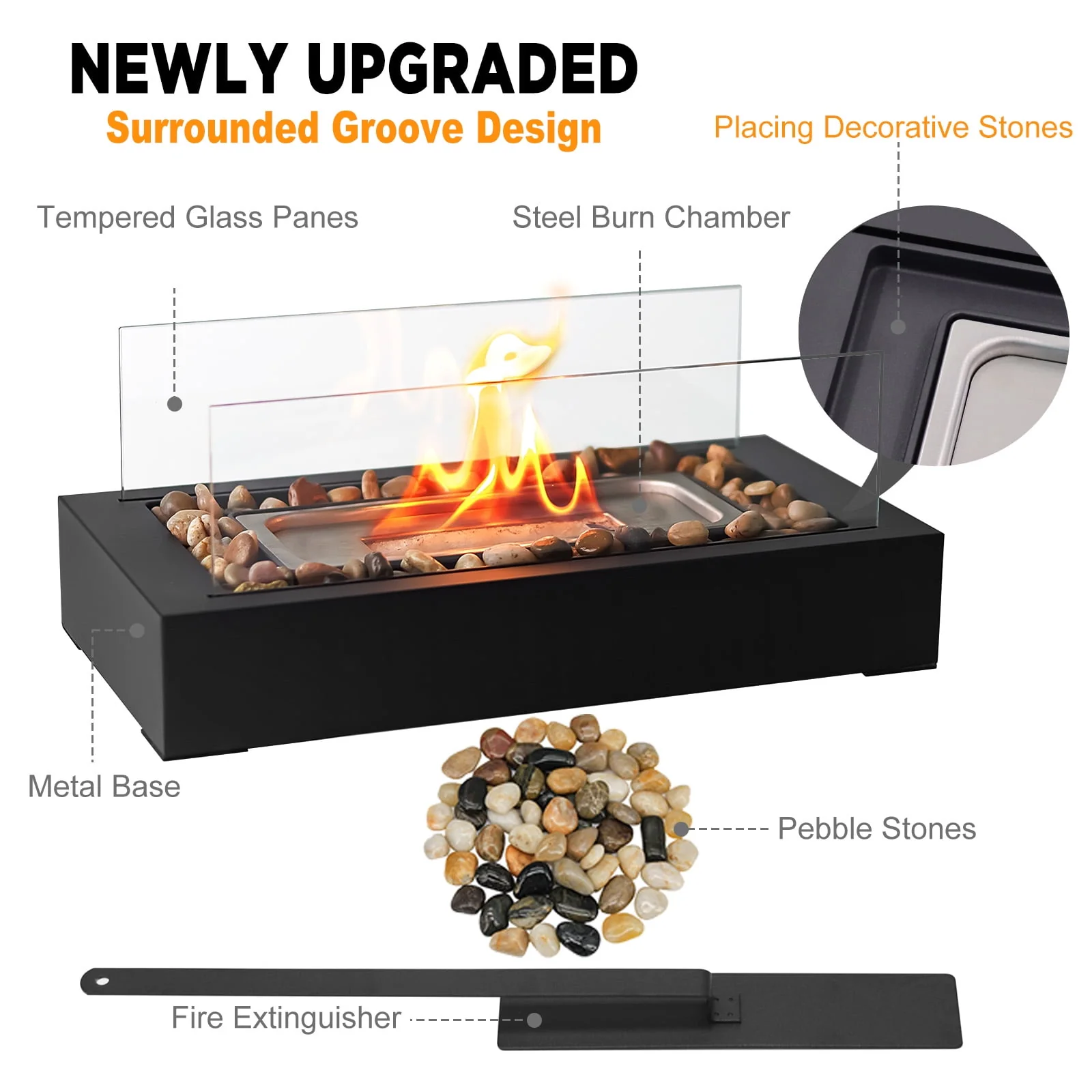 East Flame Tabletop Fire Pit, Portable Rectangular Propane Fireplace with 360 Tempered Glass, 2000 BTU, Black - Steel Base - Image 6