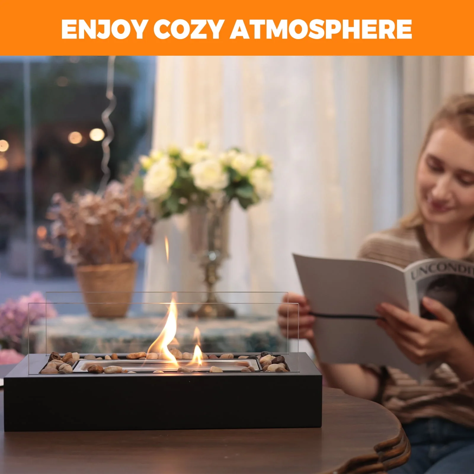 East Flame Tabletop Fire Pit, Portable Rectangular Propane Fireplace with 360 Tempered Glass, 2000 BTU, Black - Steel Base - Image 7