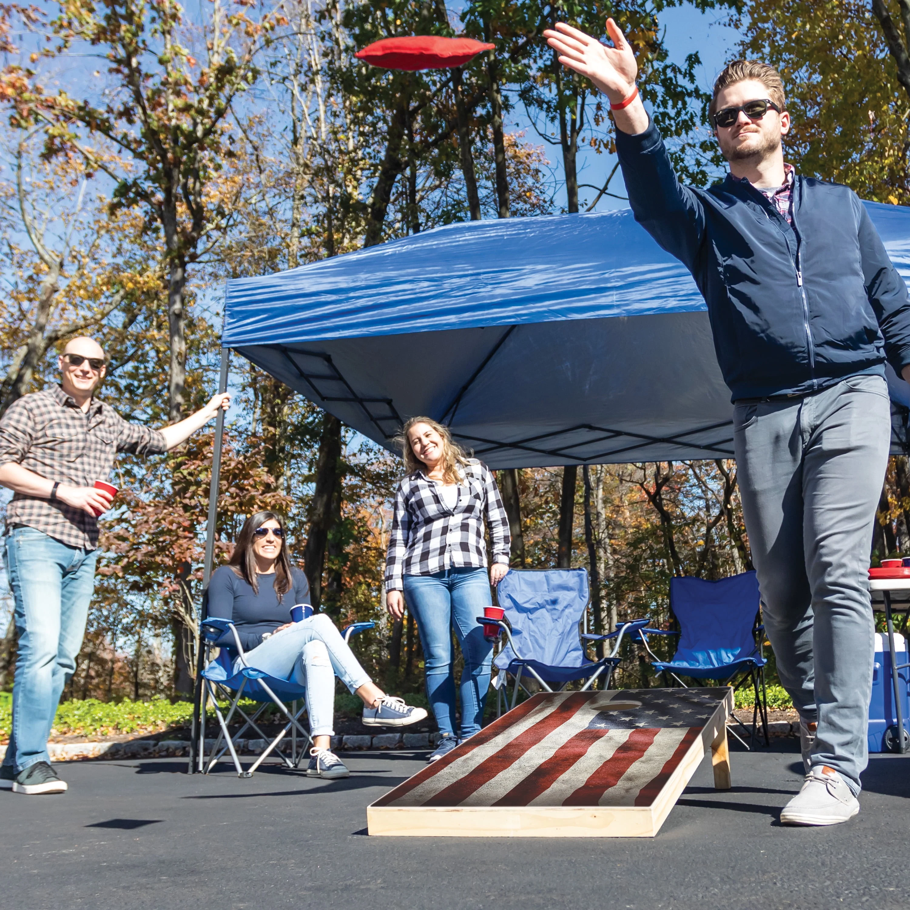 EastPoint Sports Cornhole Beanbag Toss Set, 2 ft x 4 ft Solid Wood Boards with American Flag Design, Regulation Bean Bags, Foldable Legs, Outdoor Game - Image 2