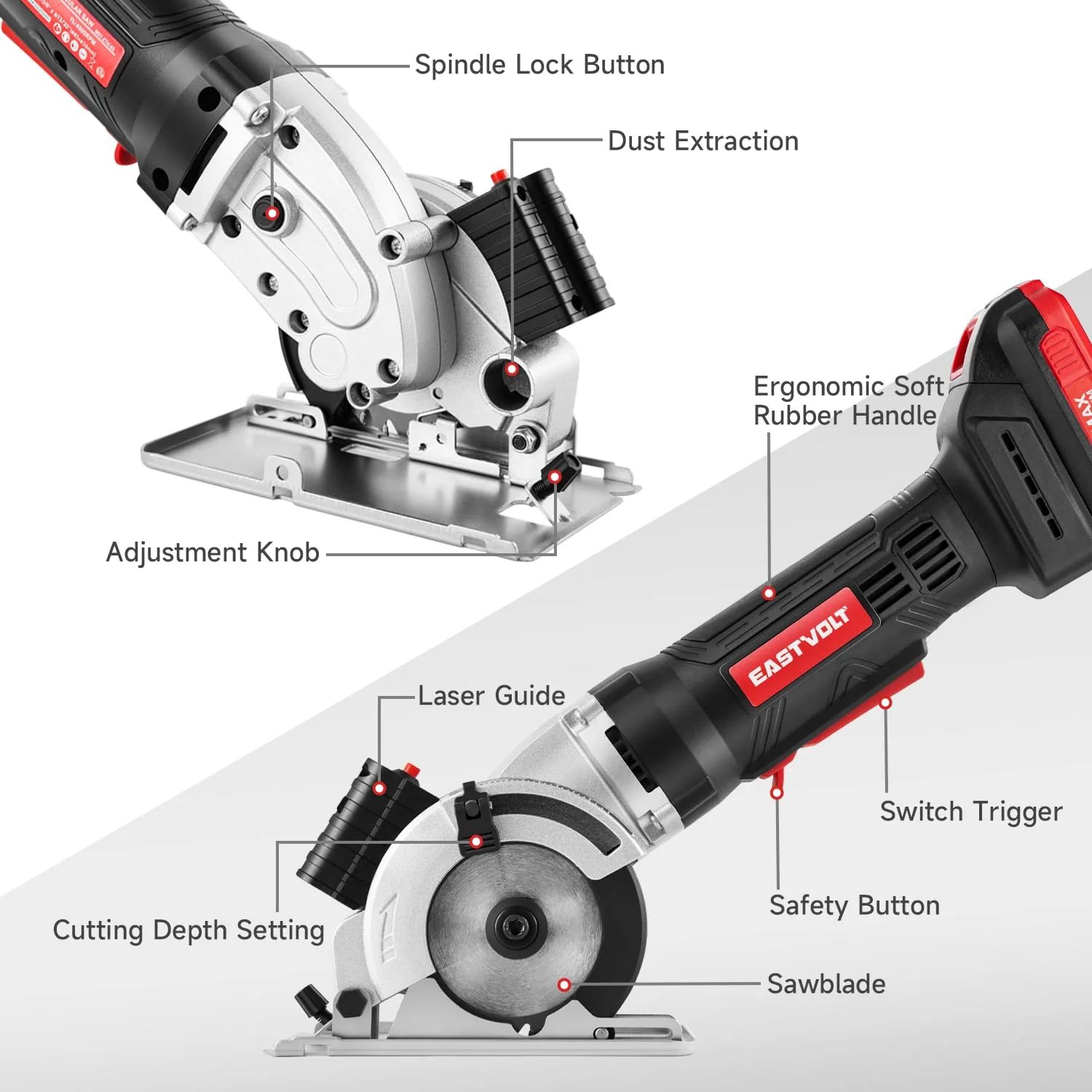 Eastvolt 20V Cordless Circular Saw, 3-3/8 in Blade, 5000 RPM Motor, Laser Guide, Scale Ruler, Includes 3 Blades for Wood, Plastic, Tile, Soft Metal, EVDMC040D - Image 2