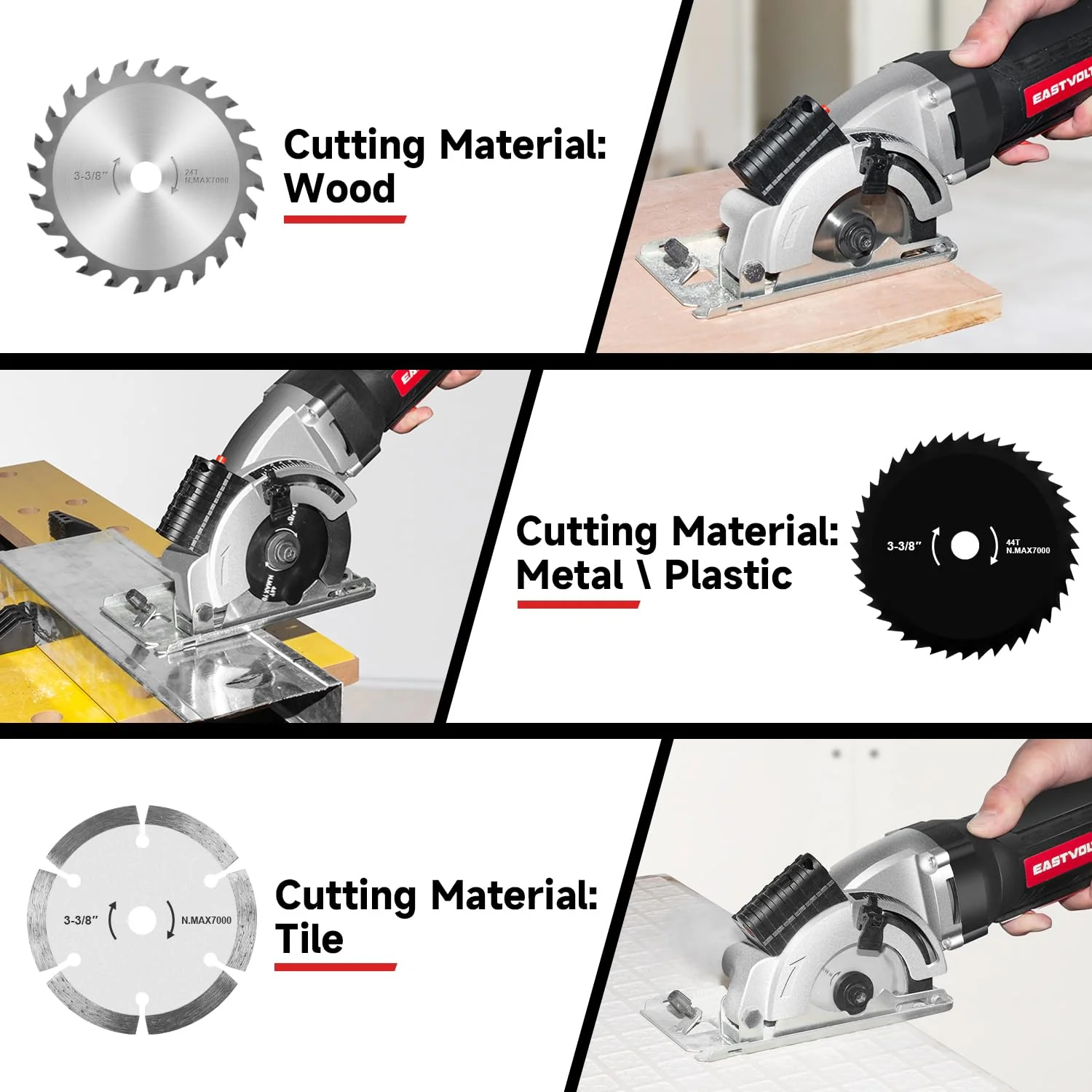 Eastvolt 20V Cordless Circular Saw, 3-3/8 in Blade, 5000 RPM Motor, Laser Guide, Scale Ruler, Includes 3 Blades for Wood, Plastic, Tile, Soft Metal, EVDMC040D - Image 4