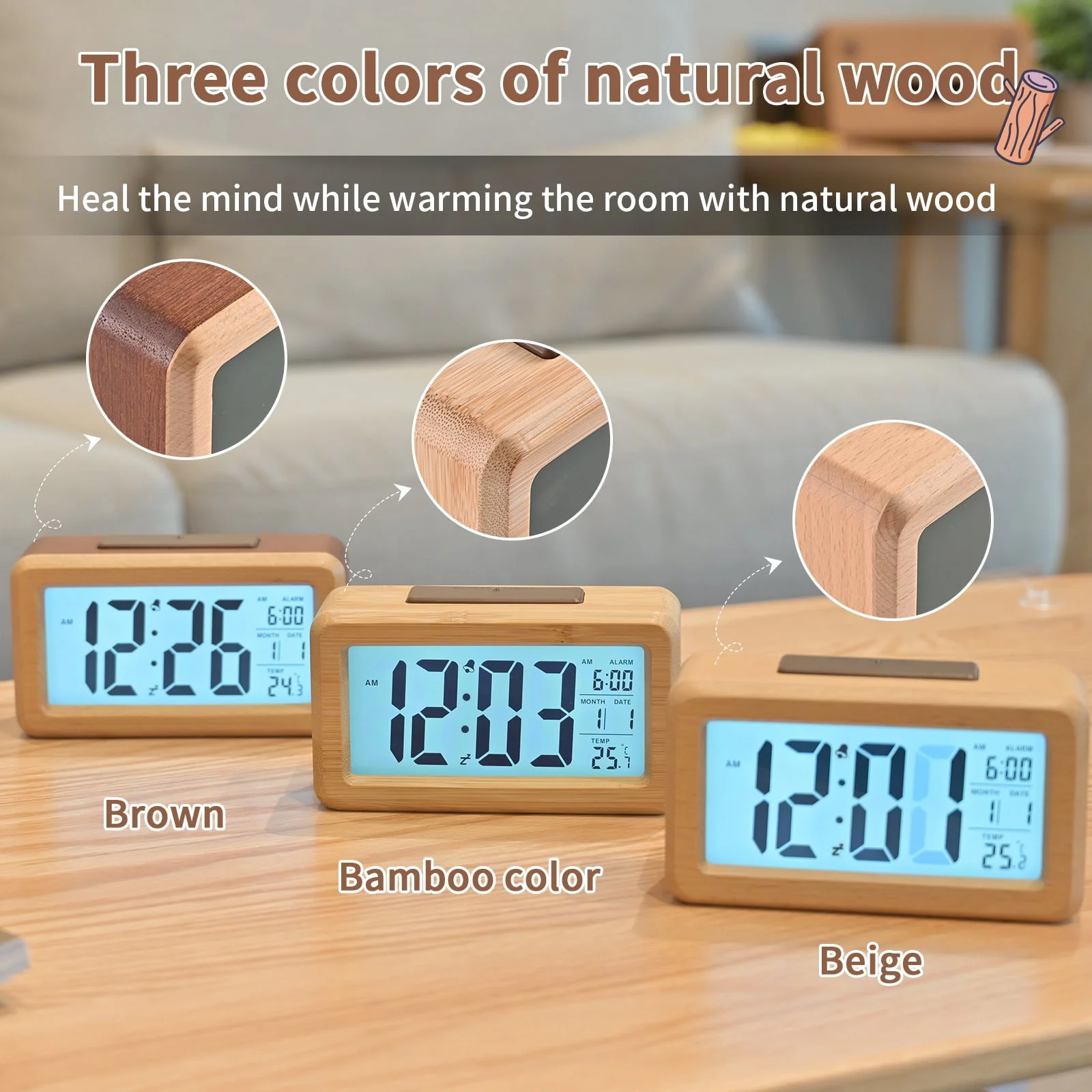 Electime W-208 Bamboo Digital Alarm Clock with Smart Sensor Night Light, Bamboo-SA - Image 3