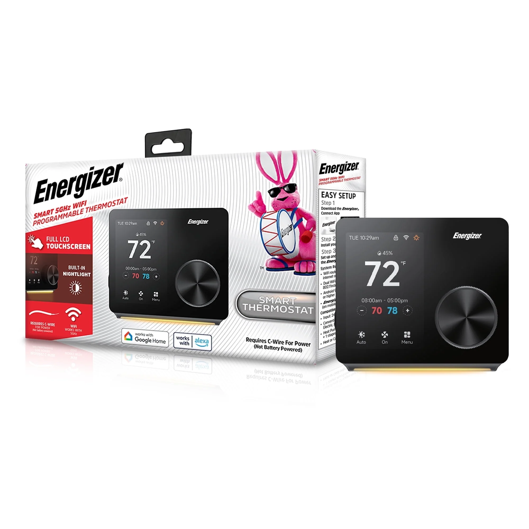 Energizer Programmable Wi-Fi Thermostat, Dual-Band 5GHz & 2.4GHz, Alexa & Google Compatible, 3.5" Color Touch Screen, Nightlight, 7-Day Scheduling, ETC6-1001-BLK