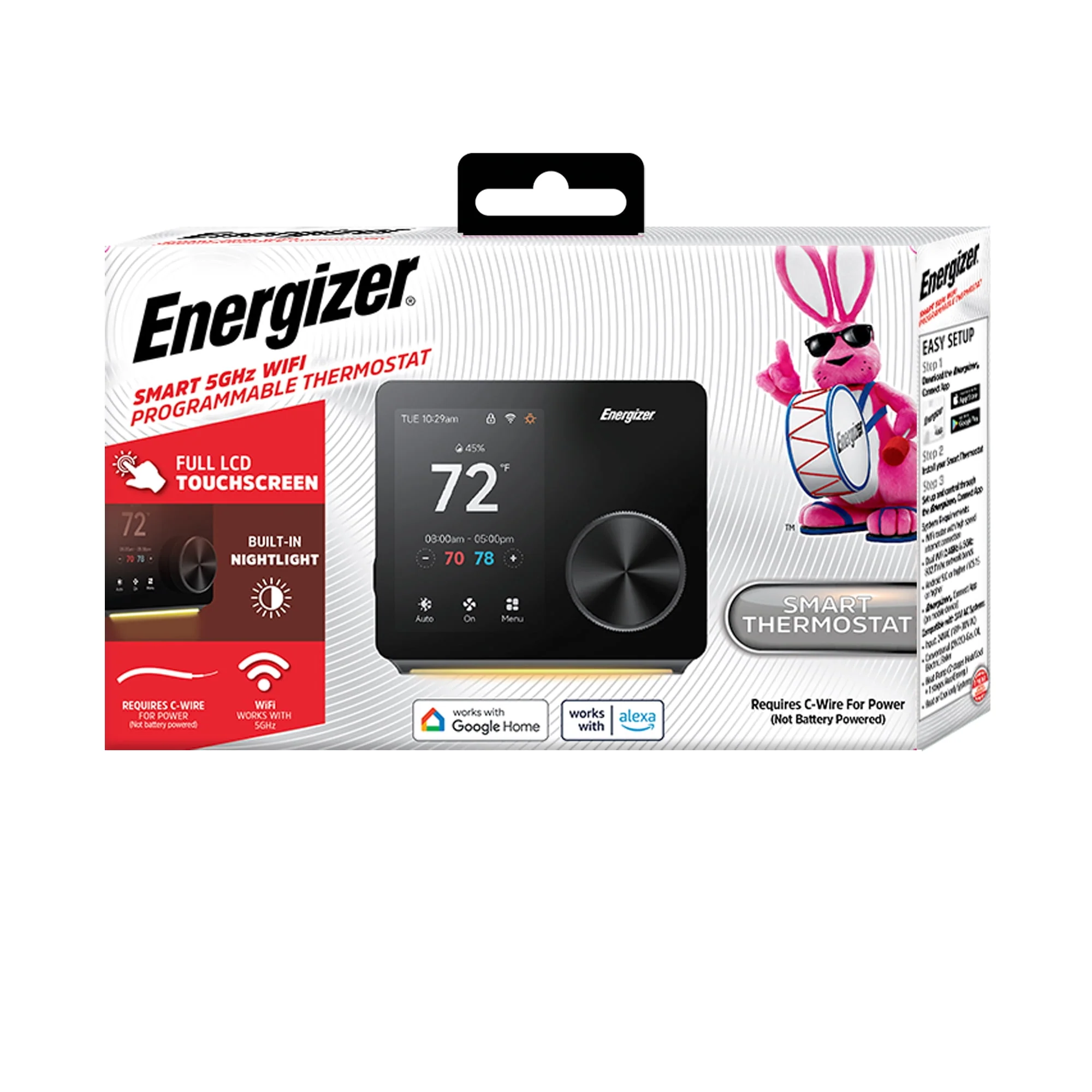 Energizer Programmable Wi-Fi Thermostat, Dual-Band 5GHz & 2.4GHz, Alexa & Google Compatible, 3.5" Color Touch Screen, Nightlight, 7-Day Scheduling, ETC6-1001-BLK - Image 4