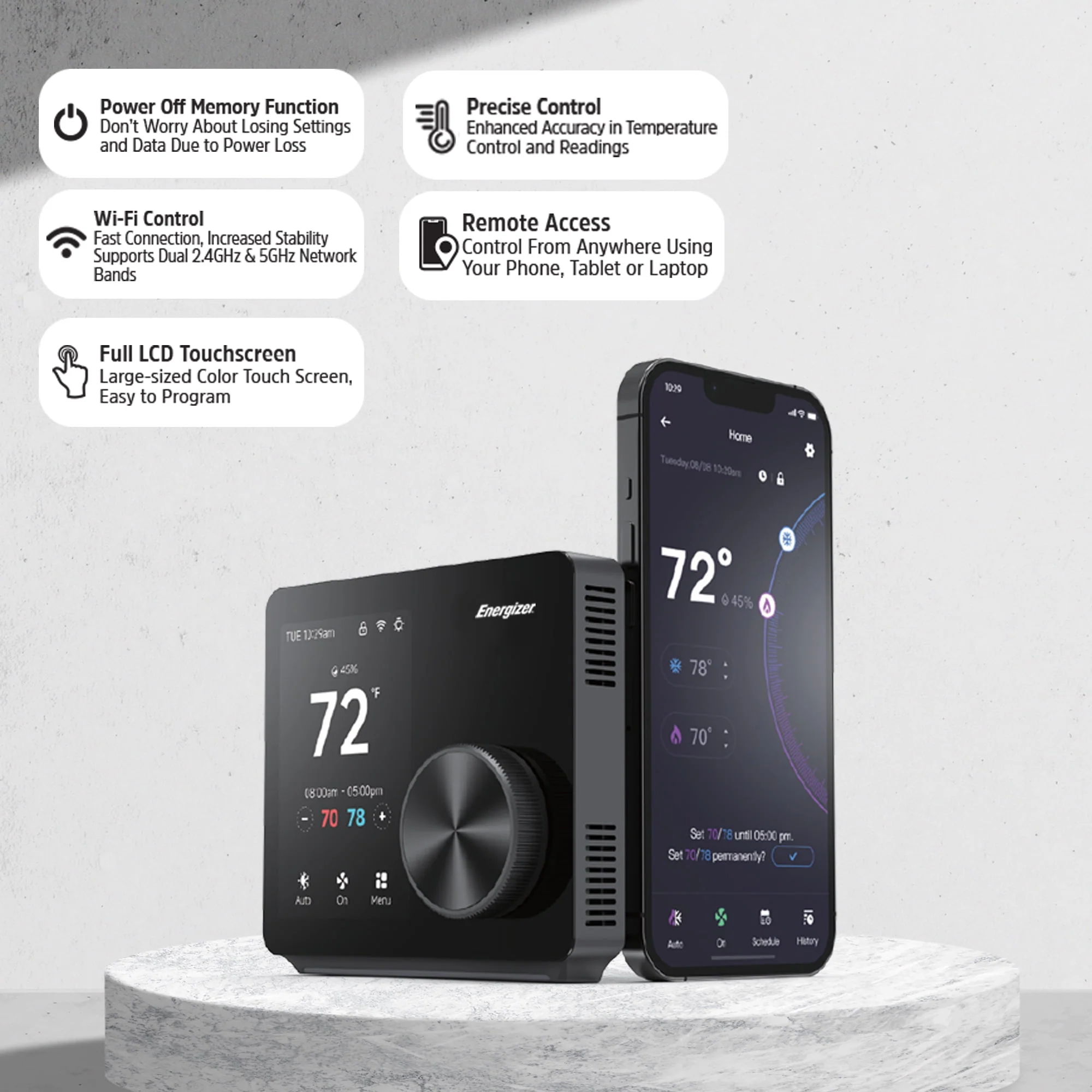 Energizer Programmable Wi-Fi Thermostat, Dual-Band 5GHz & 2.4GHz, Alexa & Google Compatible, 3.5" Color Touch Screen, Nightlight, 7-Day Scheduling, ETC6-1001-BLK - Image 6