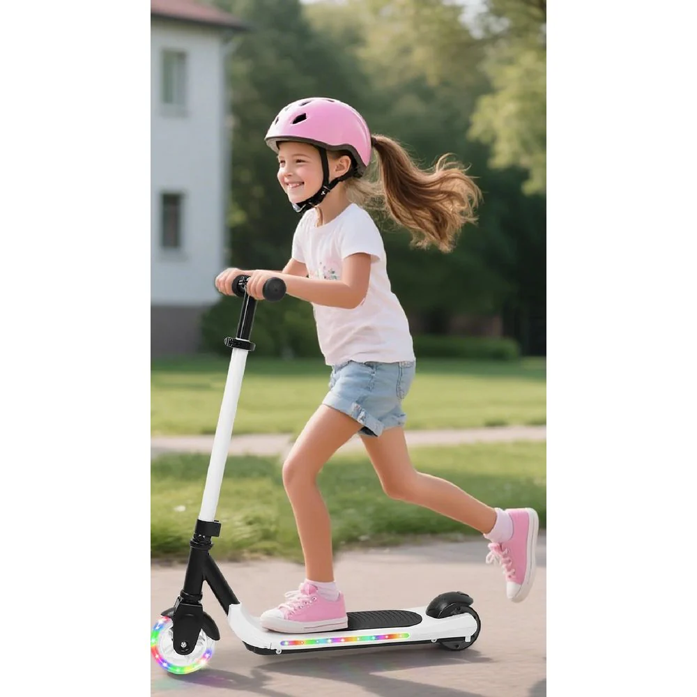 EOTVIA Kids Electric Scooter, Foldable with 3 Adjustable Handlebar Heights, Colorful LED Lights, 60W Motor, 5 Mile Range, White - Image 3