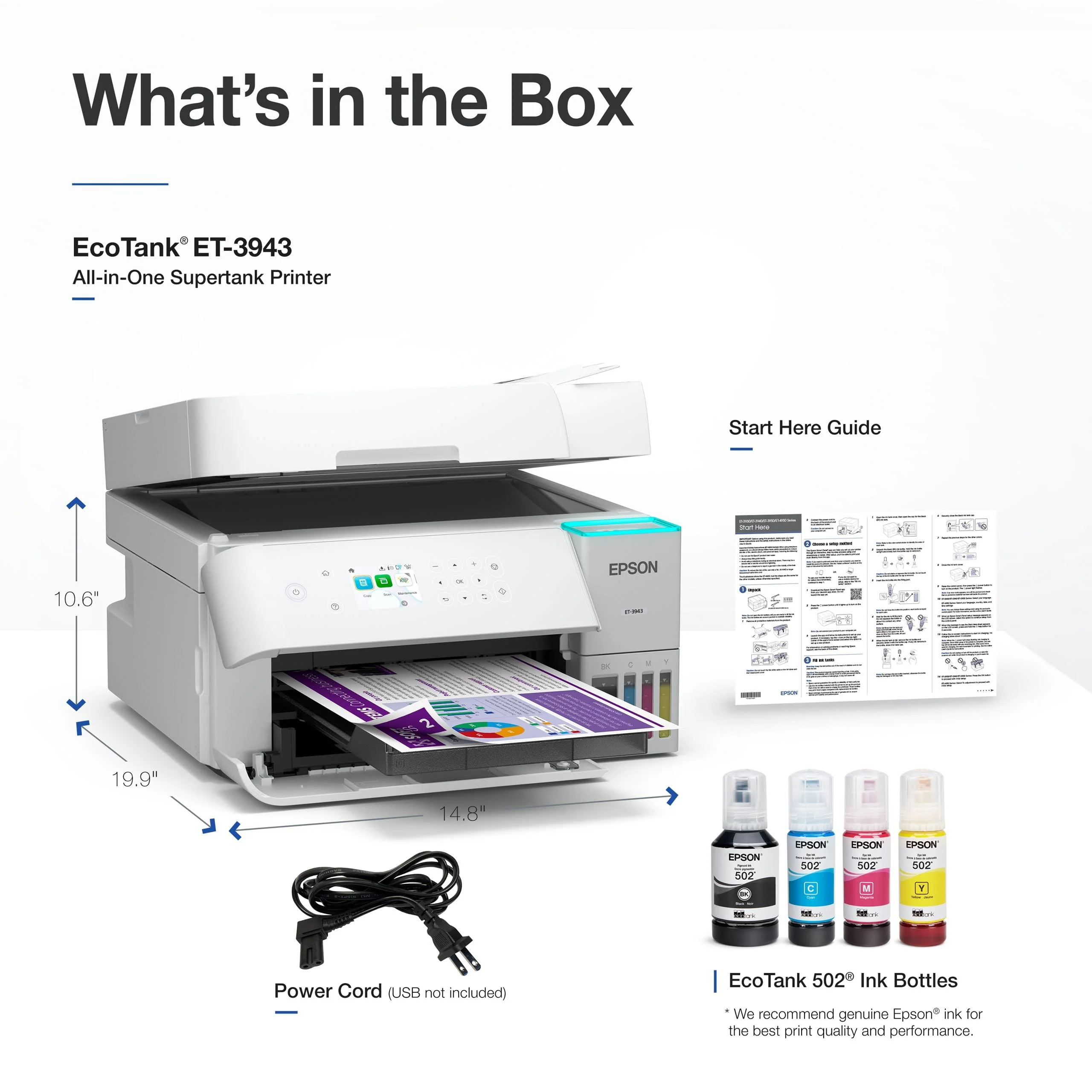Epson EcoTank ET-3943 Wireless All-in-One Color Supertank Printer, Refillable Ink Tanks, 2.4" Color Display, Auto Document Feeder, Auto Duplex Printing, 250-Sheet Paper Tray, White - Image 8