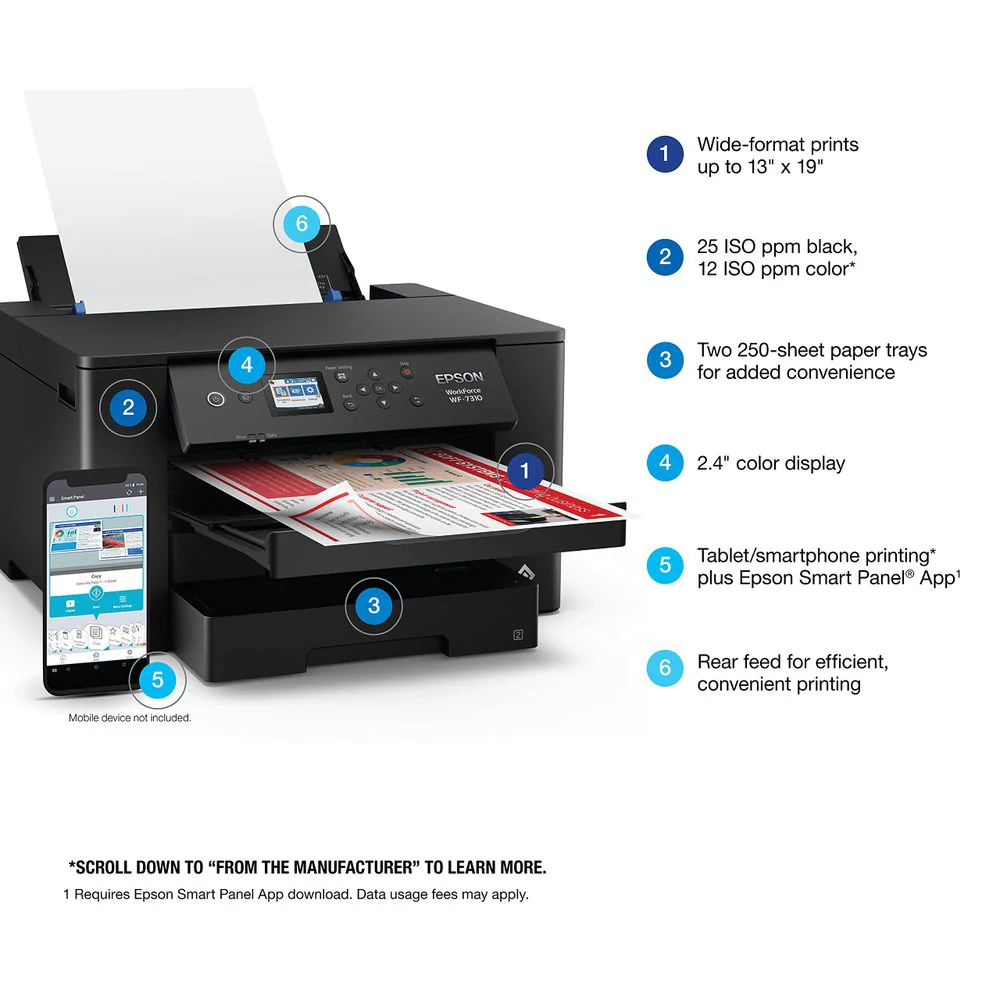 Epson WorkForce Pro WF-7310 Wireless Wide-Format Inkjet Printer, 13 x 19 in, Auto Duplex, 500-Sheet Capacity, 2.4 in Color Display, Smart Panel App, Black - Image 4