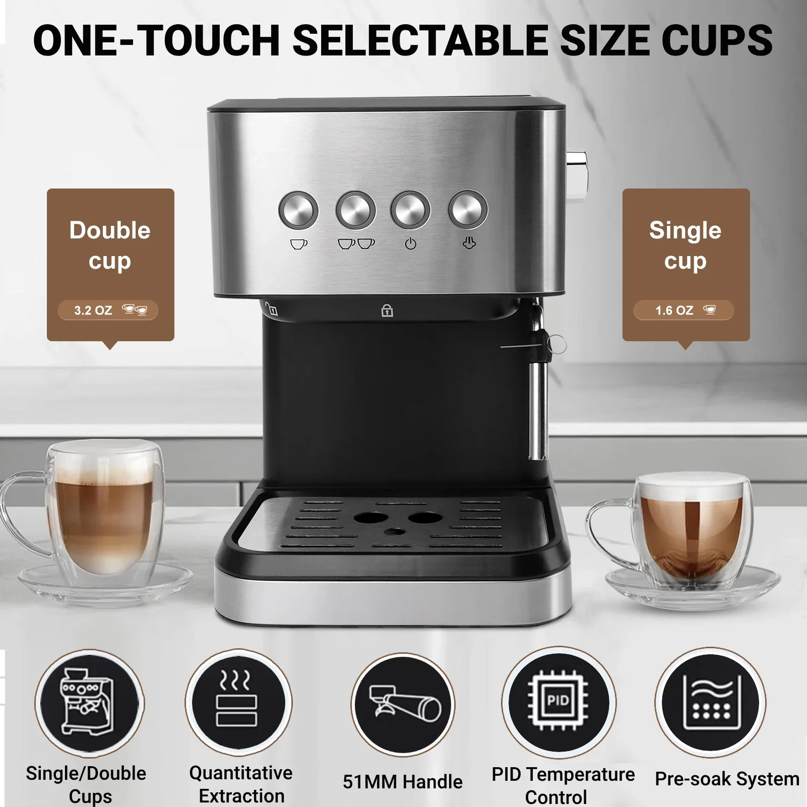 Espresso Machine 20 Bar, 1.5L Water Tank with Milk Frother Steam, Stainless Steel Coffee Maker for Espresso - Image 2