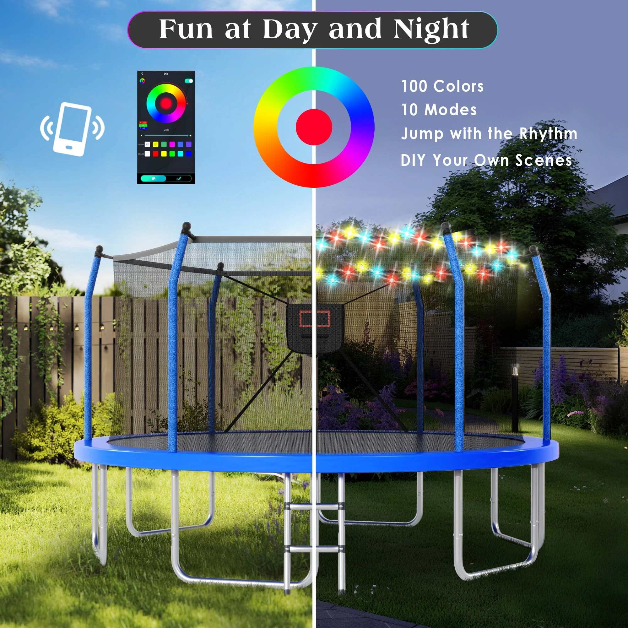 Euroco 14ft Round Trampoline with LED Lights, Basketball Hoop, Enclosure Net, Ladder, Galvanized Steel Frame, 1500 lbs Capacity - Image 5