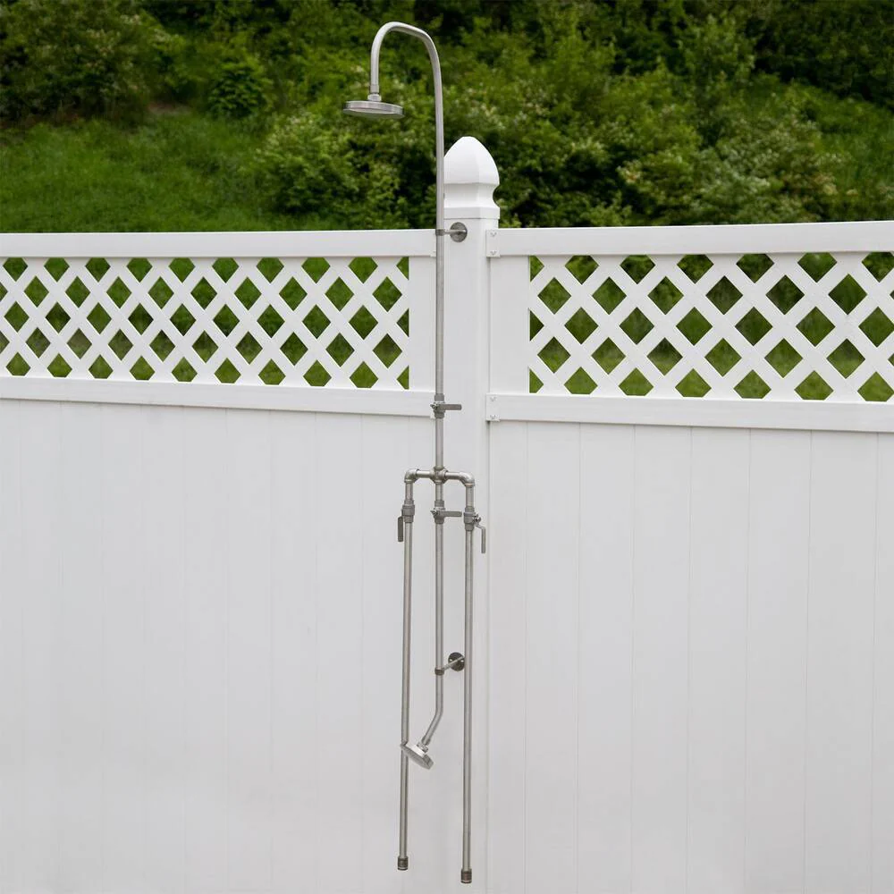 Exposed wall mount stainless steel outdoorshower unit.6" stainless steel ball joint shower head and 4"foot shower, head,1/2" stainless steel riser 46" x 12",36" lower portion pipe x 2 pcs,24" foot shower pipe,4" wall bracket x 2 pcs,3" nipple x 5 pcs and