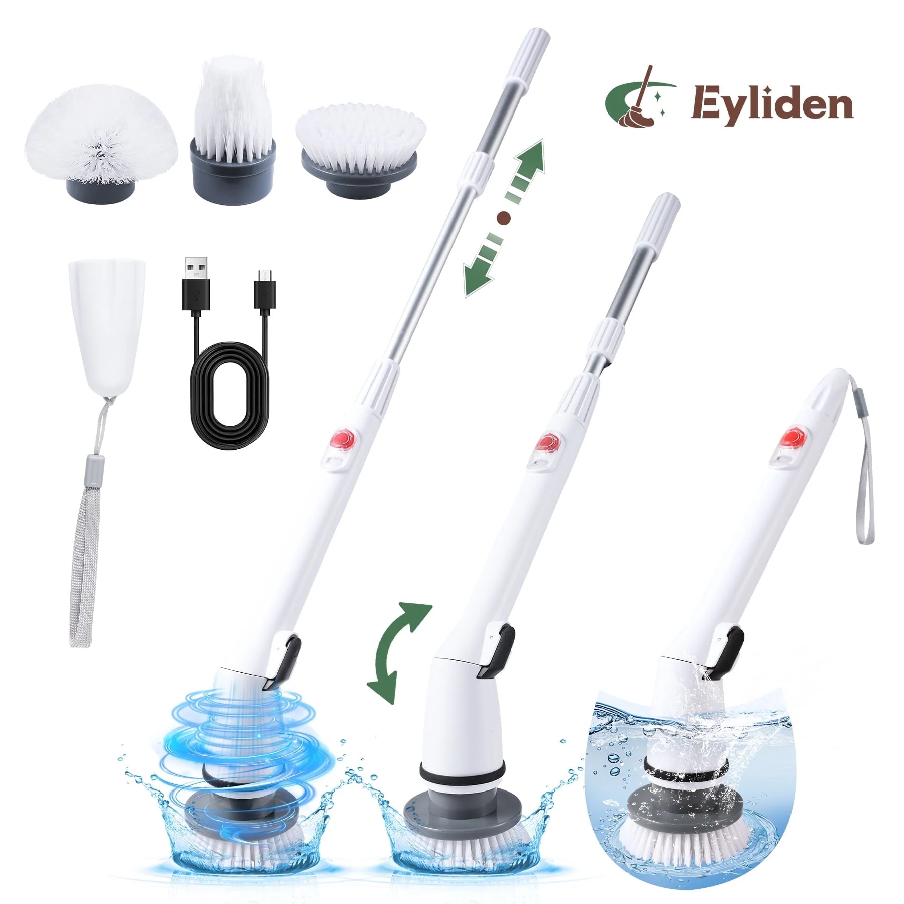 Eyliden 360 Electric Spin Scrubber, Cordless Cleaning Brush with 3 Replaceable Heads, Adjustable Telescoping Handle, White