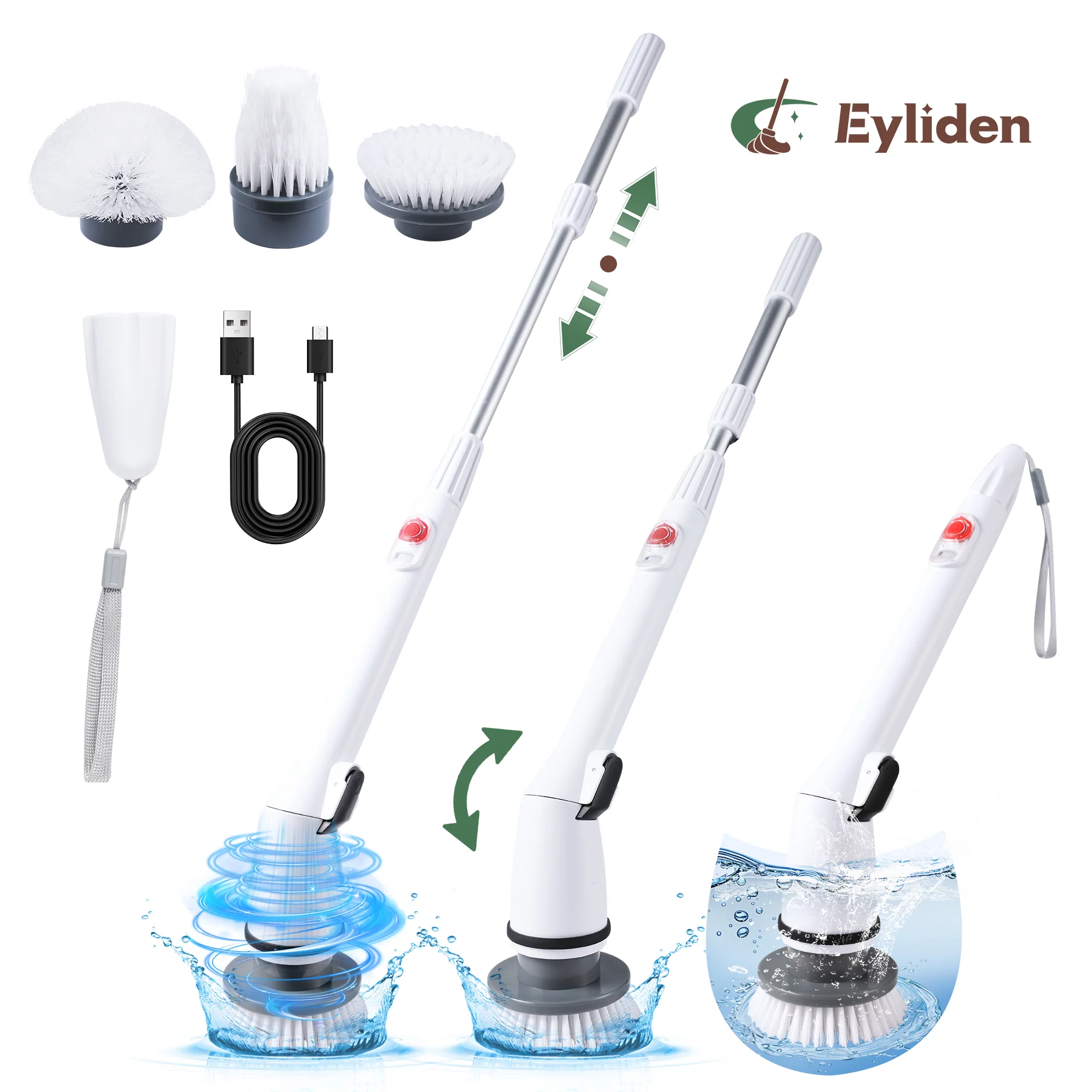 Eyliden 360 Electric Spin Scrubber, Cordless Cleaning Brush with 3 Replaceable Heads, Adjustable Telescoping Handle, White - Image 2