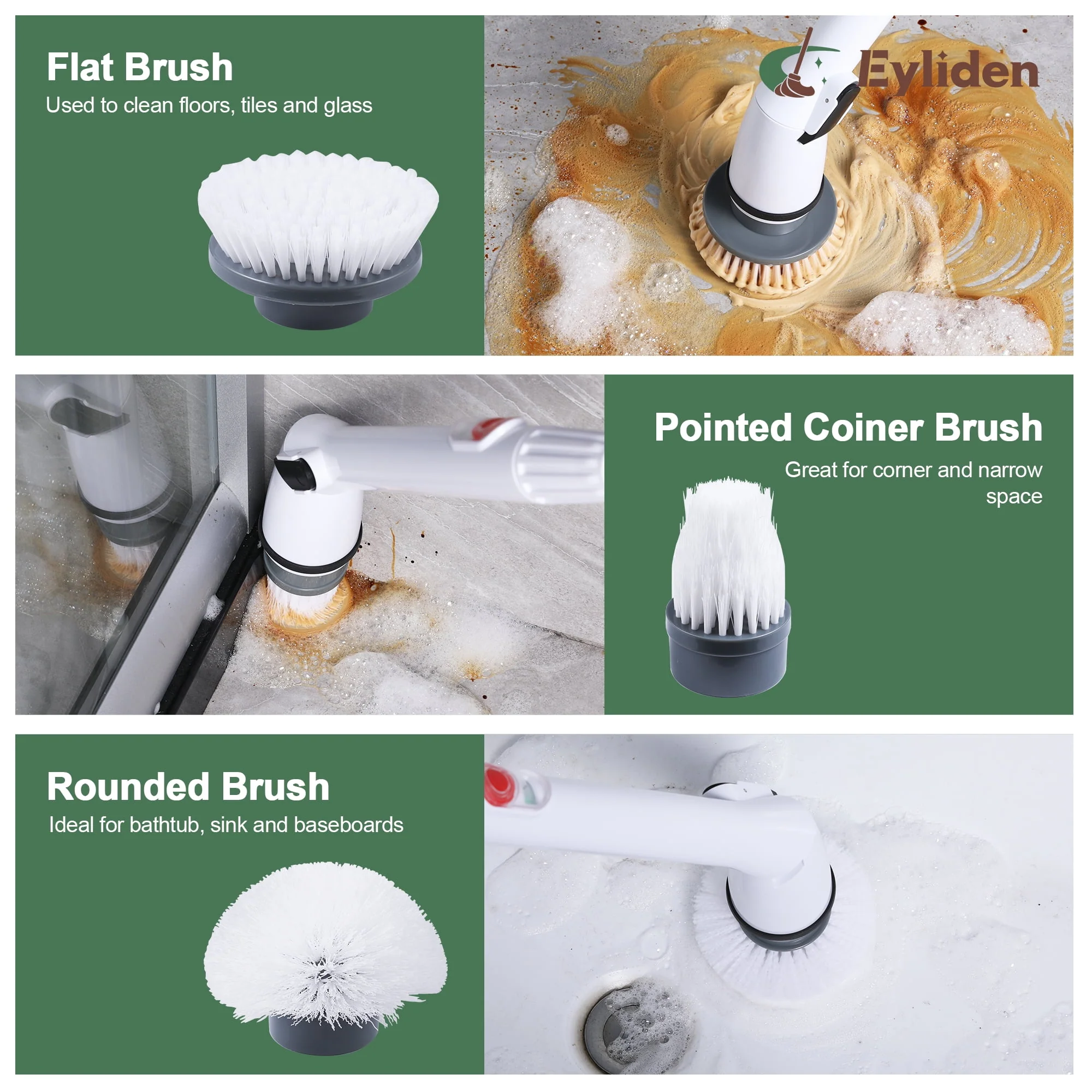 Eyliden 360 Electric Spin Scrubber, Cordless Cleaning Brush with 3 Replaceable Heads, Adjustable Telescoping Handle, White - Image 3